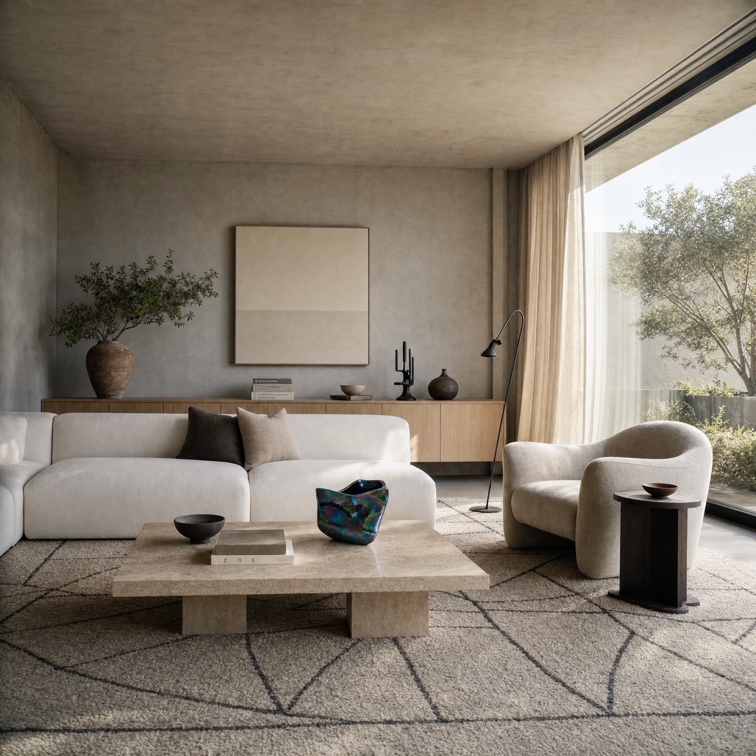 Interno di un soggiorno minimalista con divano bianco, tavolino di pietra, poltrona e grande finestra con vista su alberi e cielo.