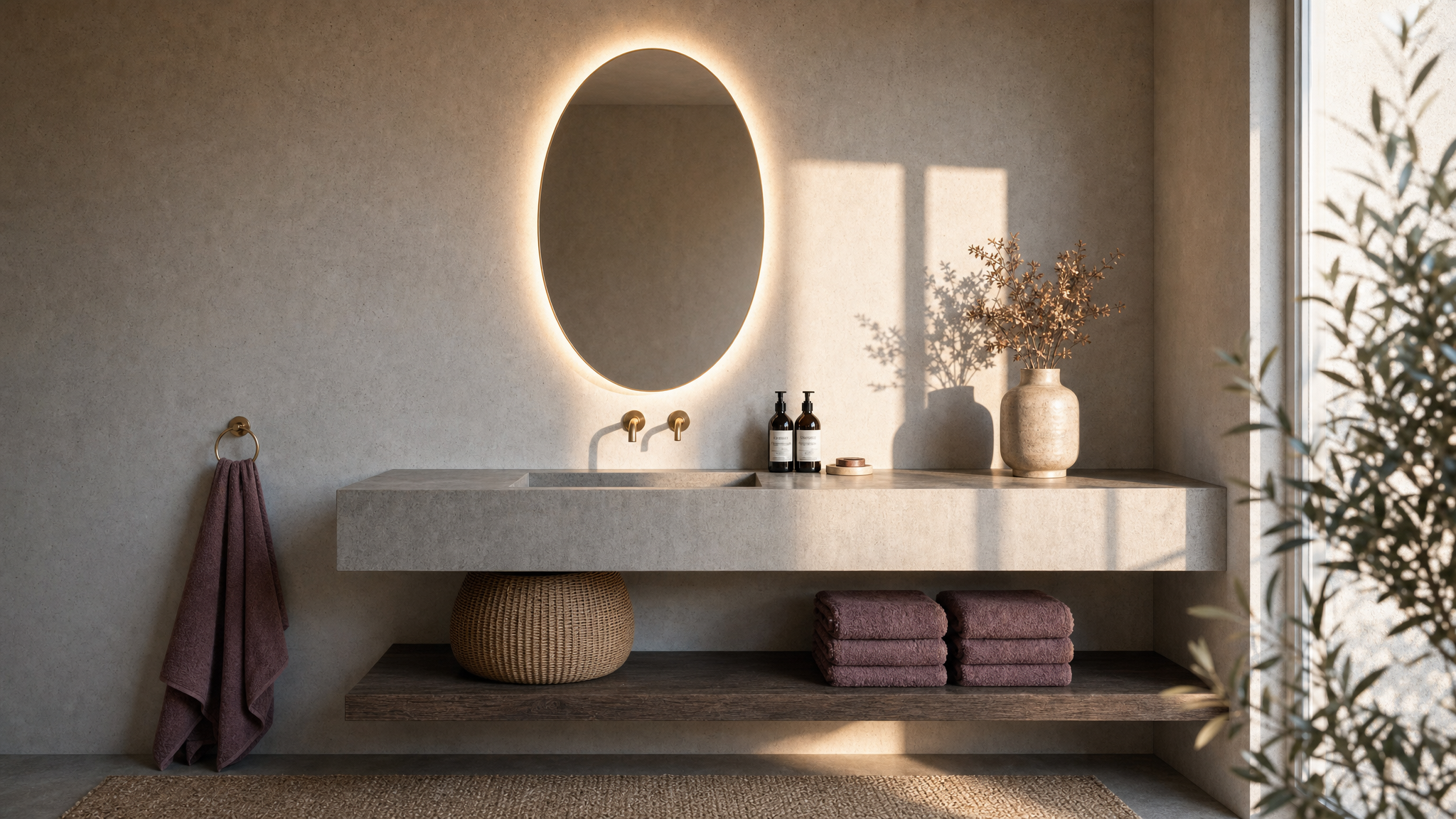 Bagno moderno con lavabo sospeso, grande specchio con illuminazione retroilluminata, vaso con ramo di piante, asciugamano viola e pile di asciugamani nello stesso colore, illuminato dalla luce naturale che entra dalla finestra.