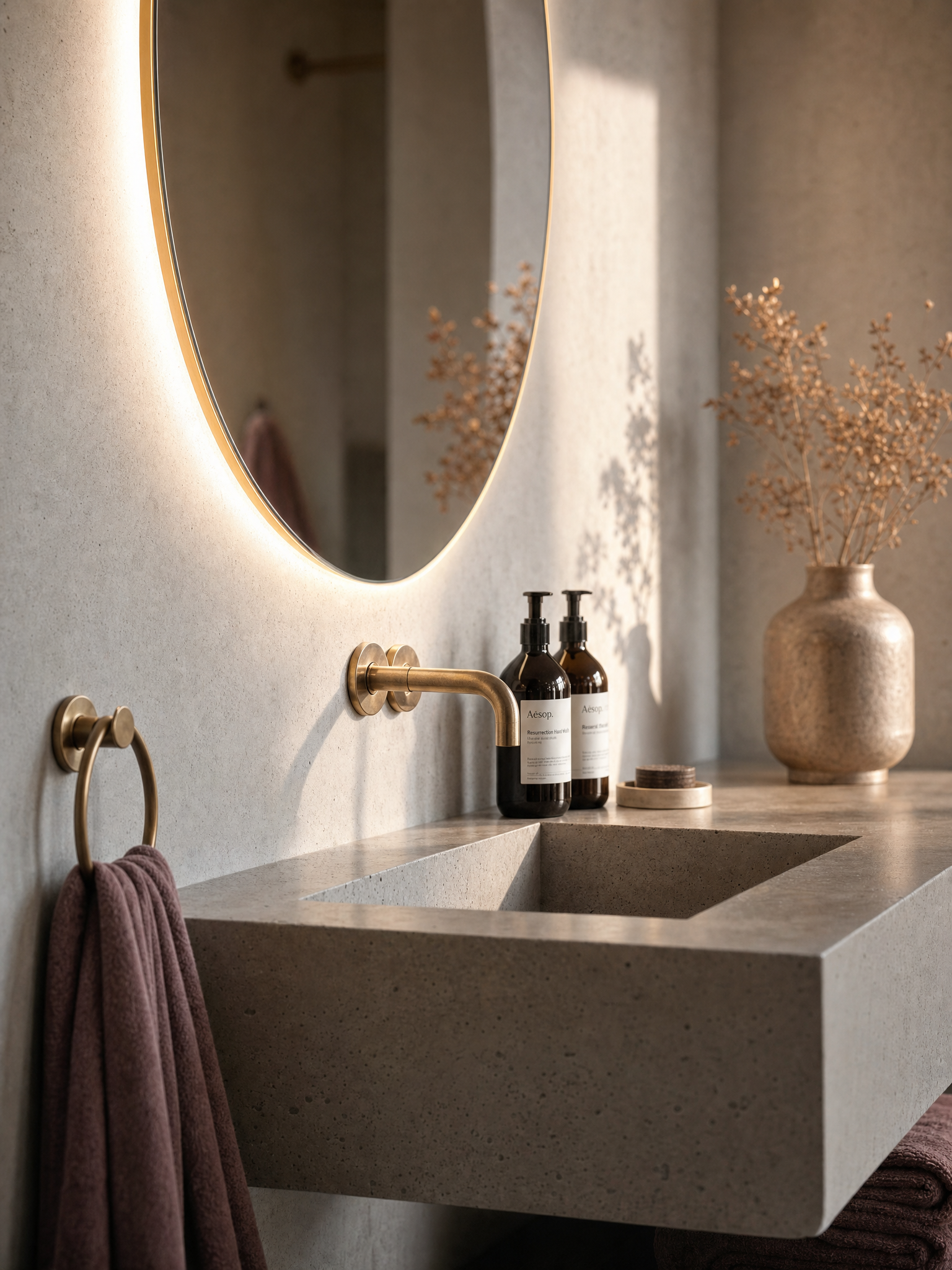 Lavabo in pietra con due bottiglie di sapone di marca Aesop in nero e argento, grande vaso con rami e fiori secchi, e un panno in tessuto di colore visibile a sinistra, nel bagno moderno.