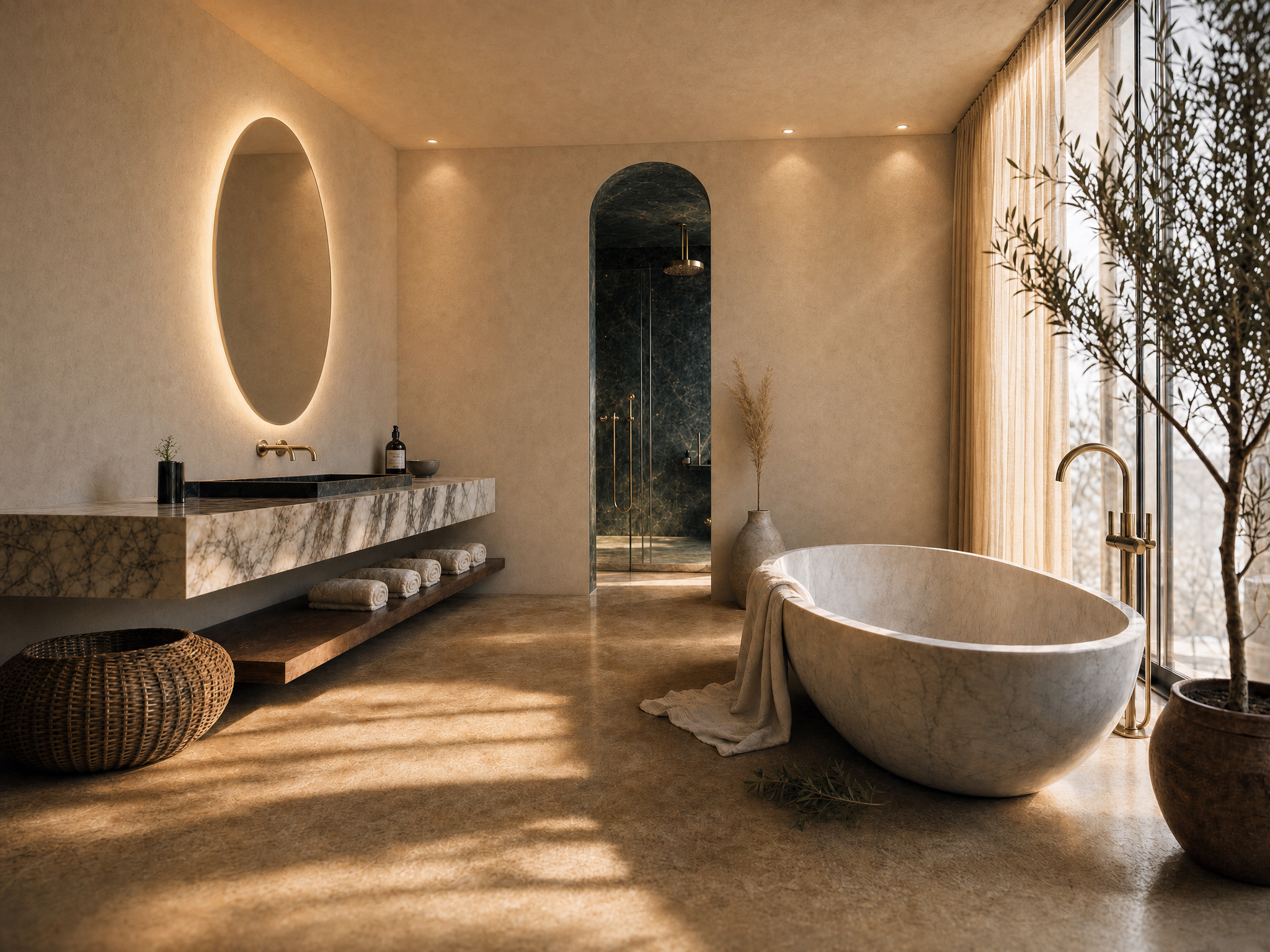Bagno elegante con vasca in marmo, grande specchio rotondo con illuminazione, doccia walk-in con pioggia shower, grandi finestre con tende beige, piante decorative, dettagli in oro e colori neutri.