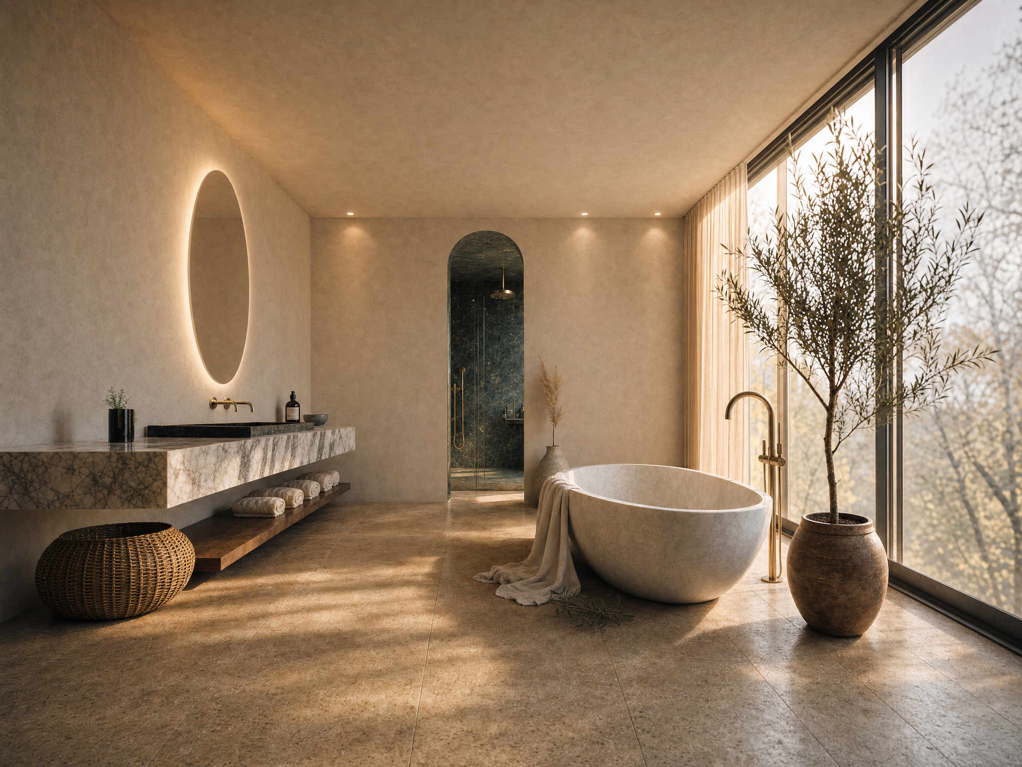 Interno di un bagno elegante con vasca in pietra bianca, una grande finestra con tende di lino, un albero in un grande vaso e un lavabo con specchio ovale retroilluminato.