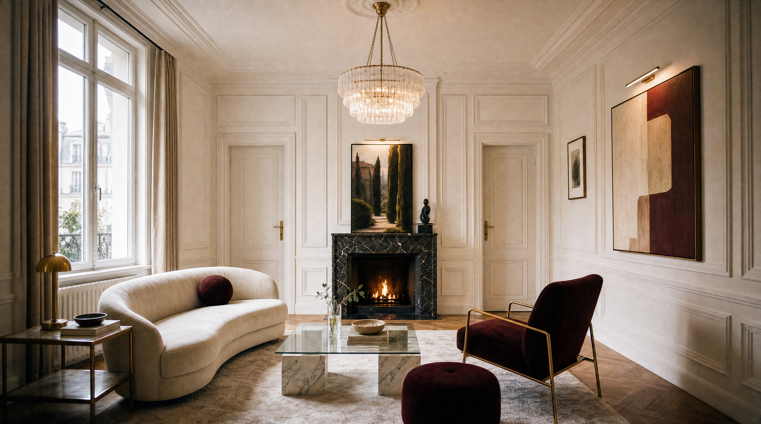 Interno di un salotto elegante con camino in marmo nero, soffitto decorato, lampadario di cristallo, pareti beige con quadri moderni, grande finestra con tende, divano beige e sedie rosse