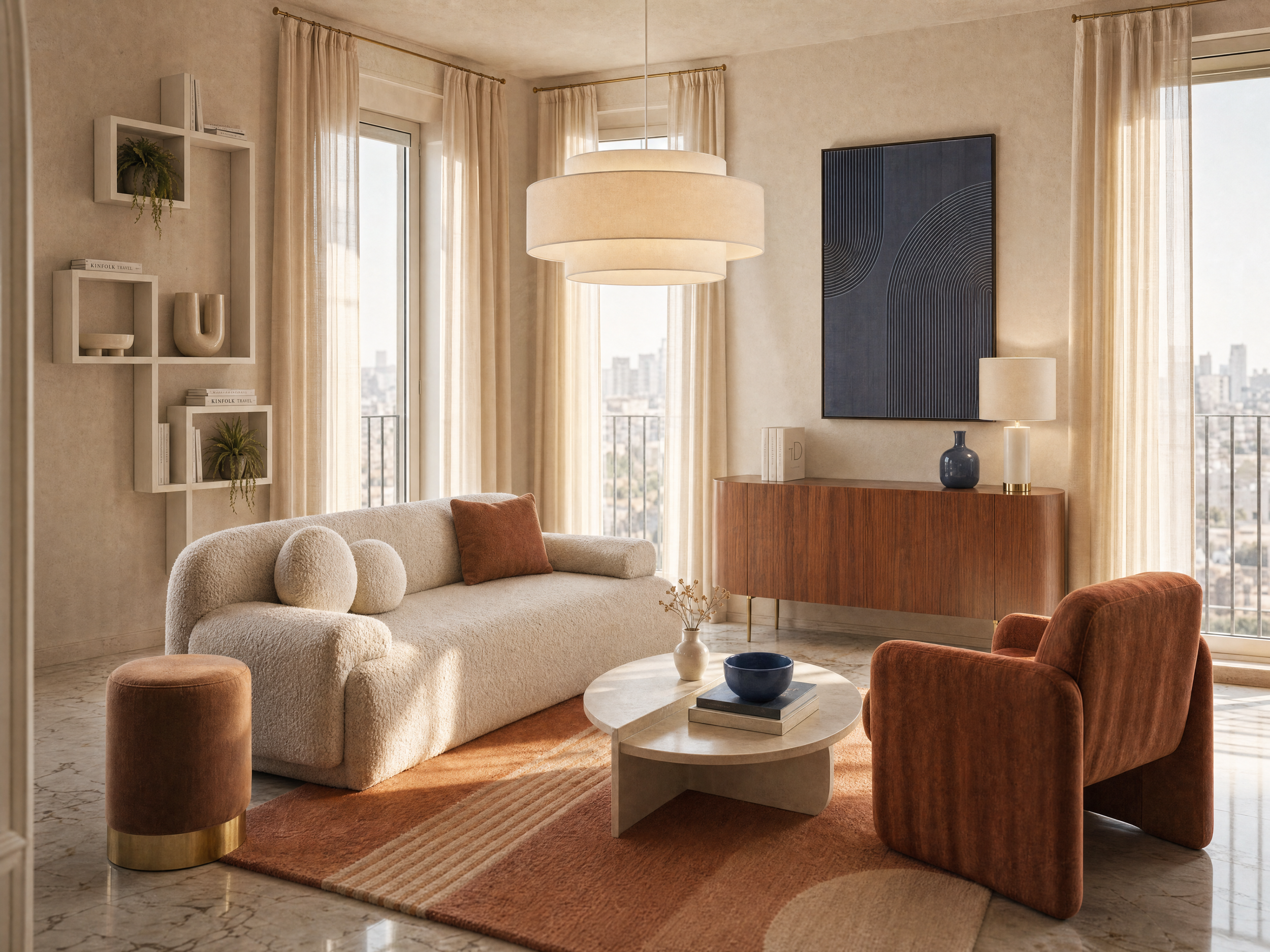 Soggiorno con divano bianco, poltrona arancione e tavolino rotondo in marmo con decorazioni in ceramica, arredamento moderno con lavabo a specchio e tende beige alle finestre, vista sulla città in background.