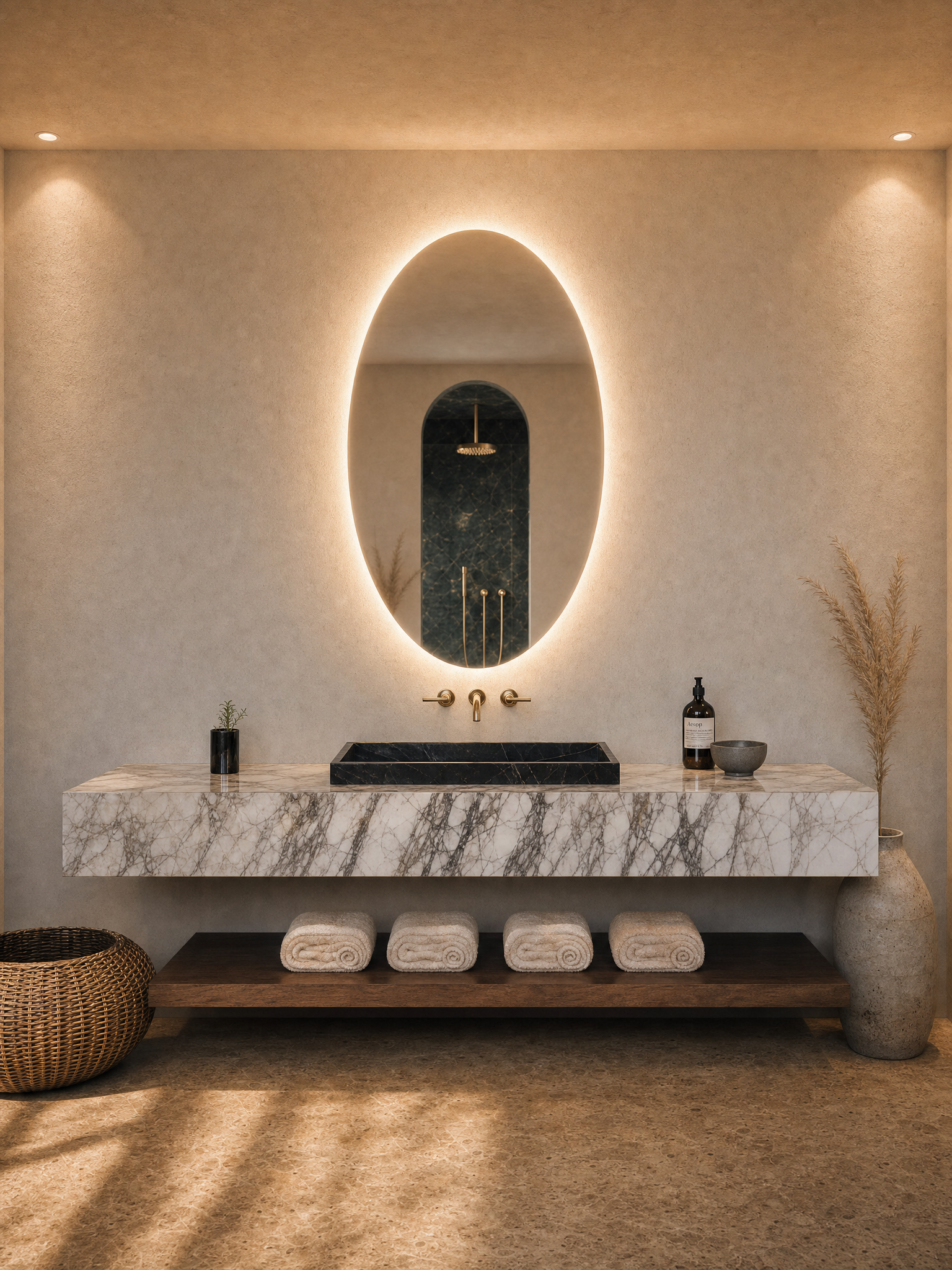 Bagno con lavabo in marmo nero e specchio a forma ovale con illuminazione retroilluminata, decorazioni minimaliste con piante e asciugamani arrotolati.