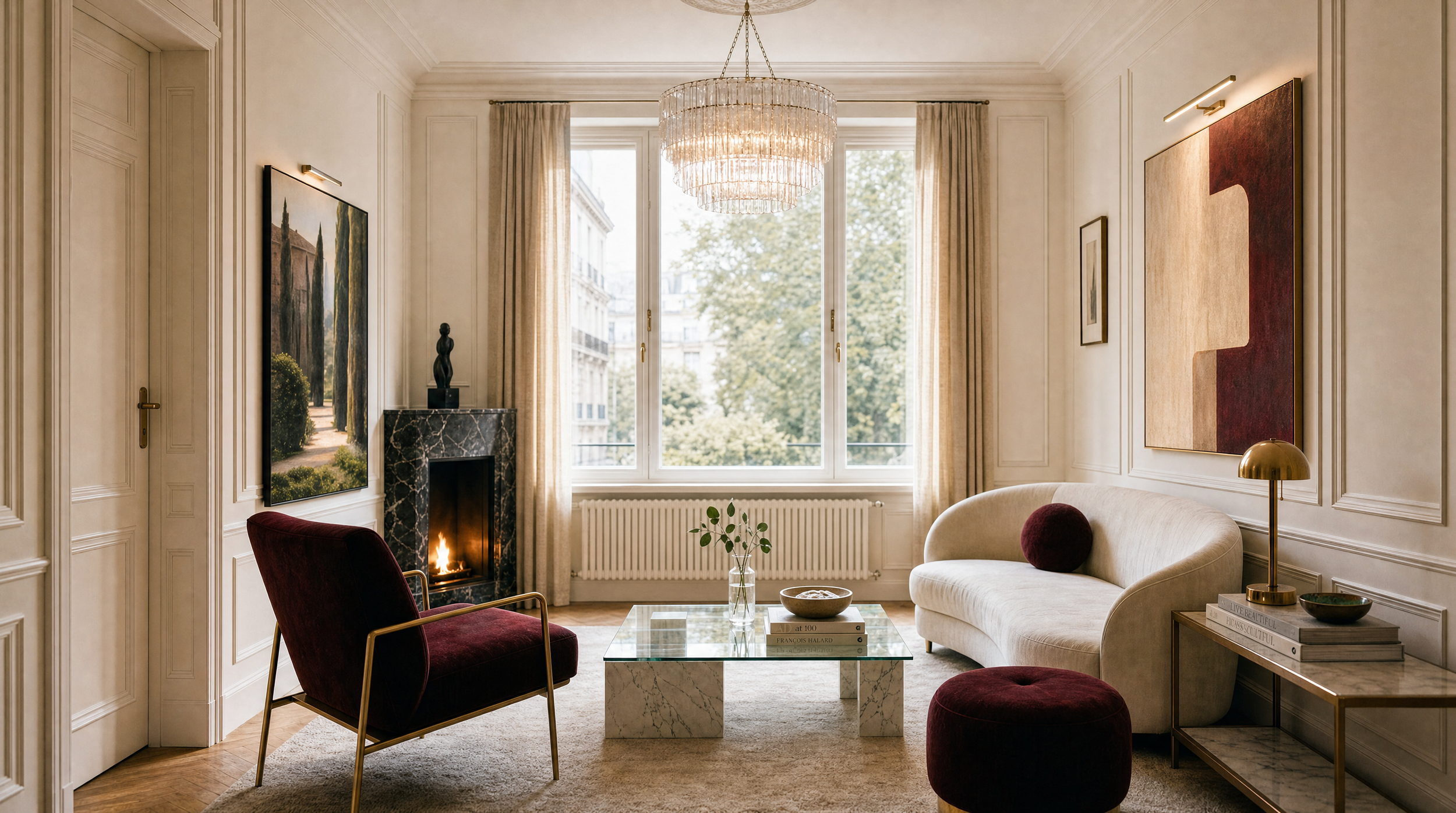 Soggiorno elegante con grandi finestre, divano beige, poltrona rossa, lampada da tavolo dorata, dipinti moderni alle pareti, camino in marmo con statua nera, lampadario a più livelli in cristallo, decorazioni e libri su un tavolino.