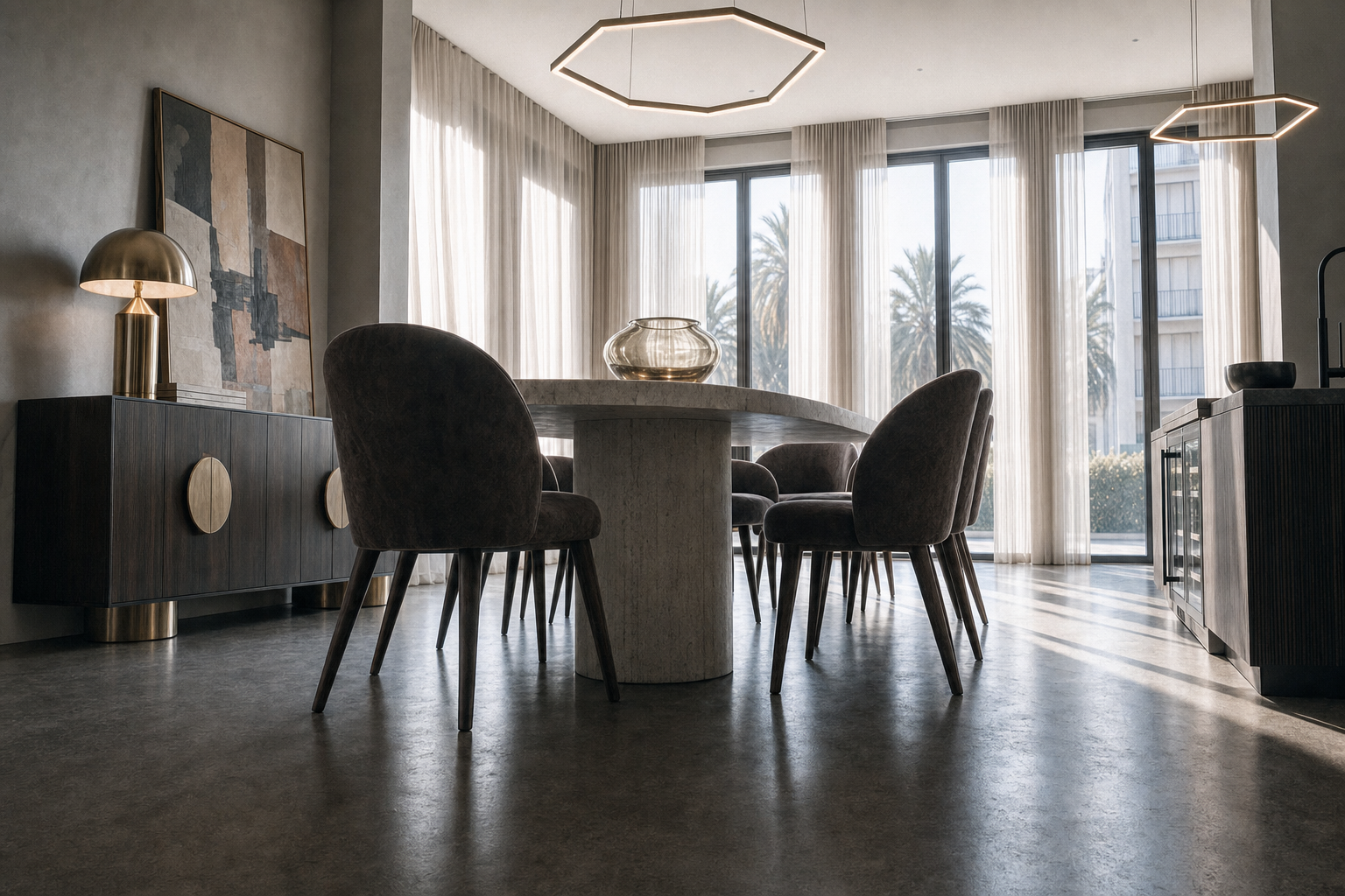 Interno di un soggiorno con tavolo rotondo, sei sedie imbottite, vasi decorativi e grande finestra con tende leggere e vista su palme