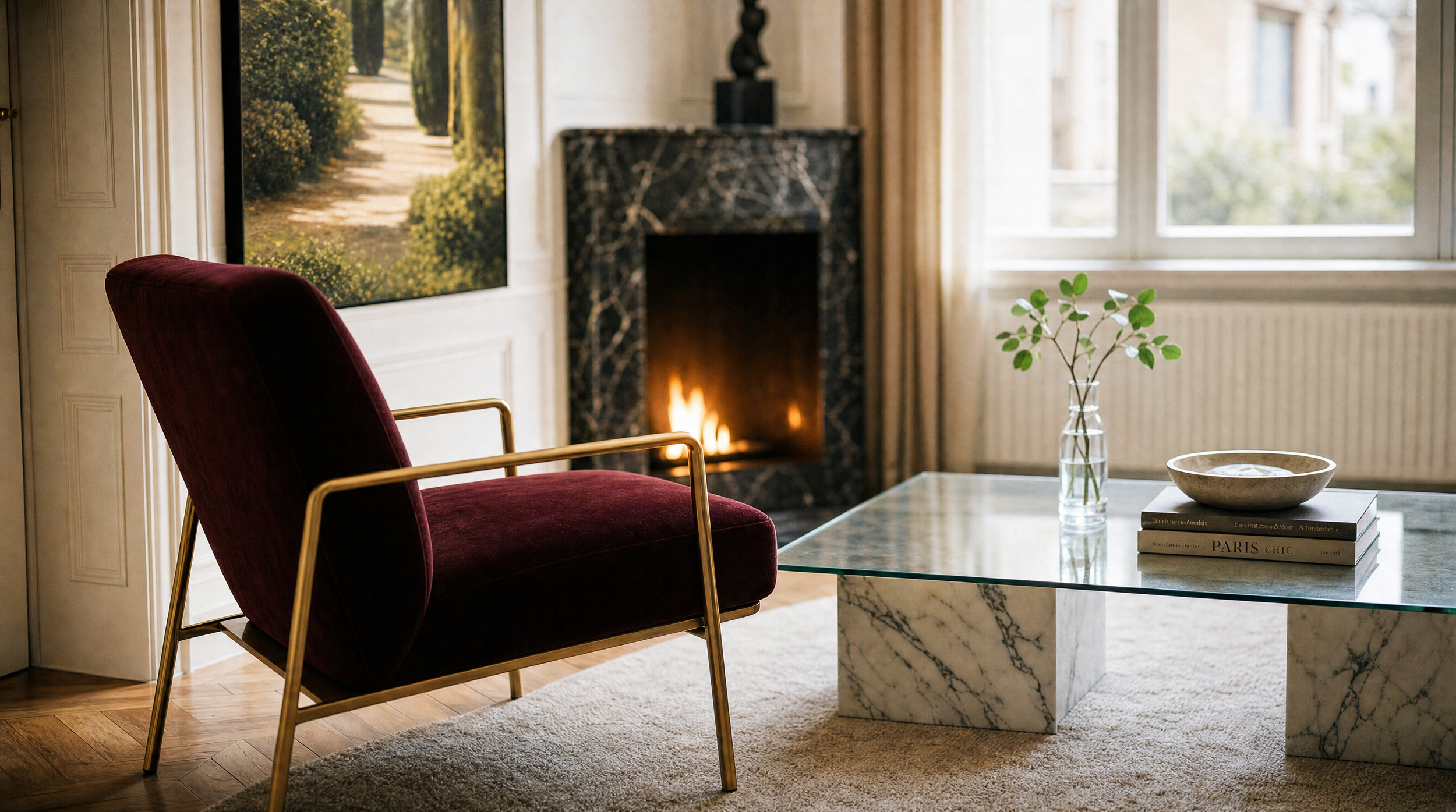 Interno di un soggiorno con poltrona rossa con braccioli dorati, tavolino in marmo con base in vetro, vaso di fiori e libri, camino in marmo nero con fuoco acceso, e grande finestra che mostra un paesaggio esterno luminoso.