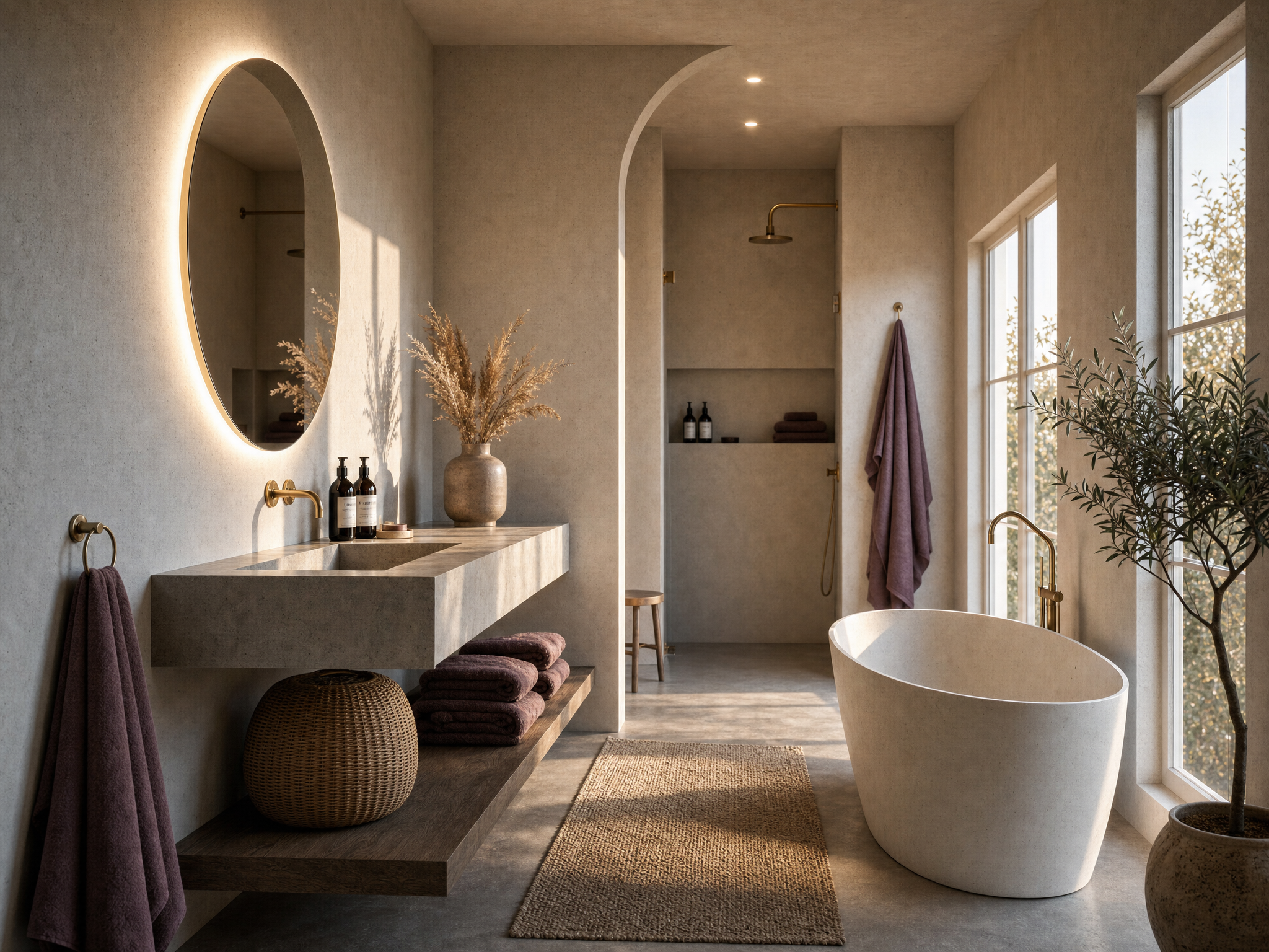 Bagno con vasca in pietra bianca, grande finestra con vista sugli alberi, specchio tondo con illuminazione, lavabo in pietra, asciugamani viola, piante e accessori eleganti in stile minimalista e naturale.
