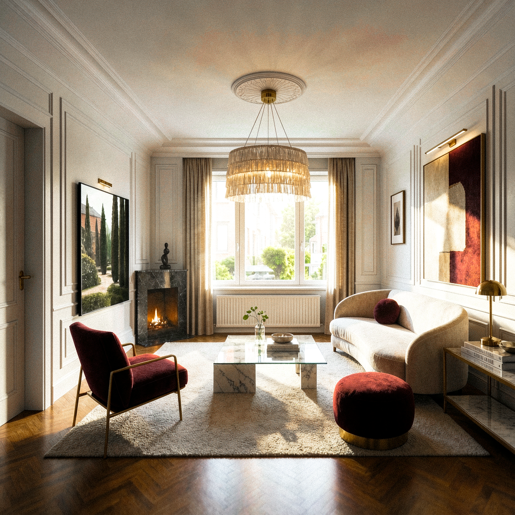 Soggiorno elegante con divano beige, poltrona rossa, tavolino in marmo, camino acceso, grandi finestre con tende, lampadario decorativo, pareti con quadri e libri, illuminazione calda.