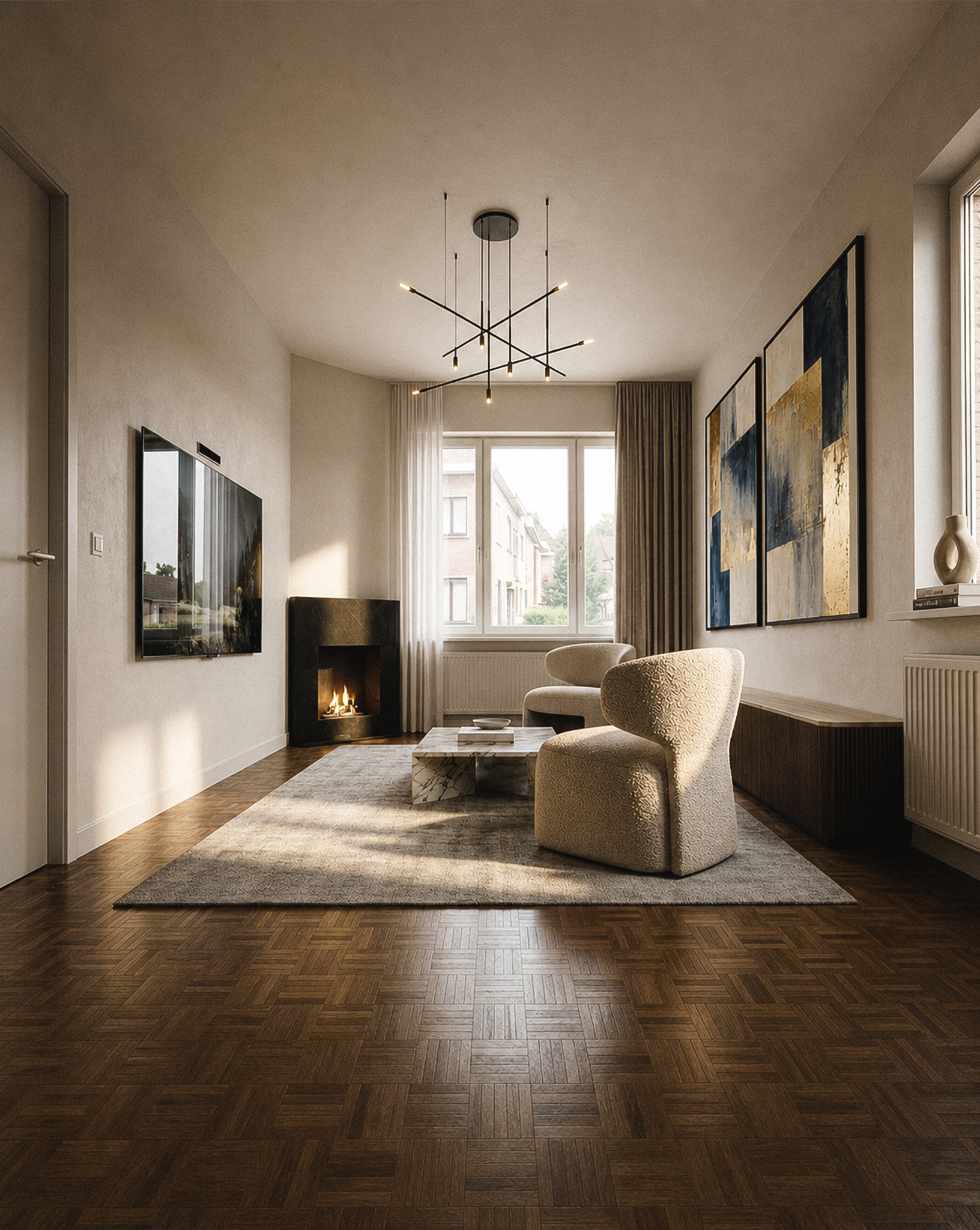 Soggiorno elegante con camino acceso, divano comodo, poltrona, dipinti astratti alle pareti, grande finestra con tendaggi, lampadario moderno, pavimento in legno e decorazioni minimaliste.