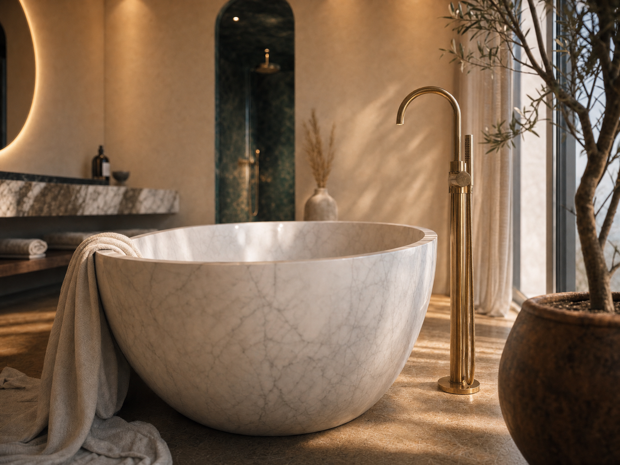 Una vasca da bagno in marmo bianco con una coperta beige appoggiata sul lato. Sul lato destro, un rubinetto in ottone lucido e un termosifone in ottone. Sullo sfondo, una pianta piana vicino a una finestra e un armadietto con alcune bottiglie e vasi 