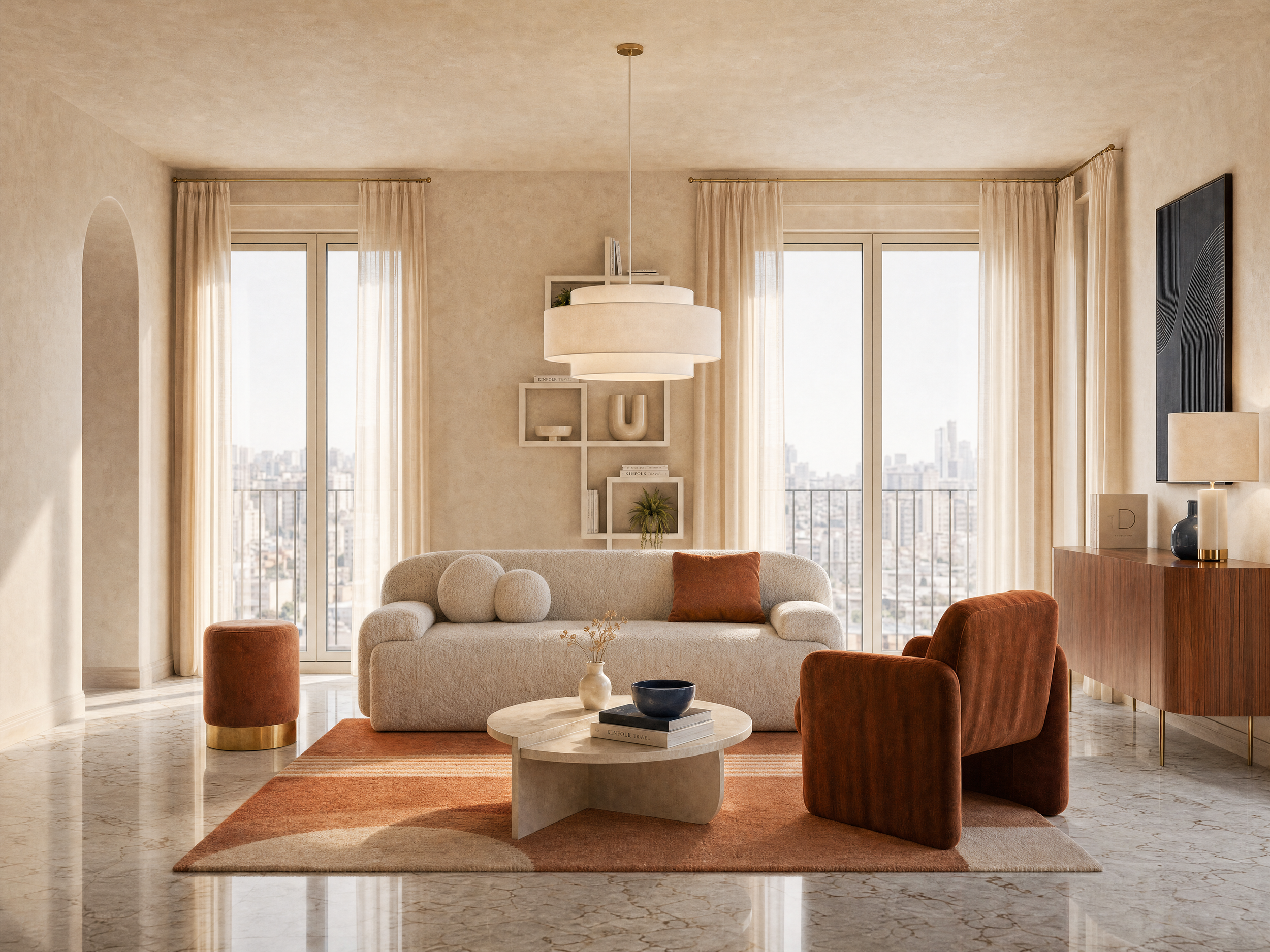 Interno di un soggiorno moderno con grandi finestre, tende chiare, divano beige, sedie arancioni, tappeto colorato, lampadario sospeso, mensole con decorazioni, quadri e oggetti decorativi.