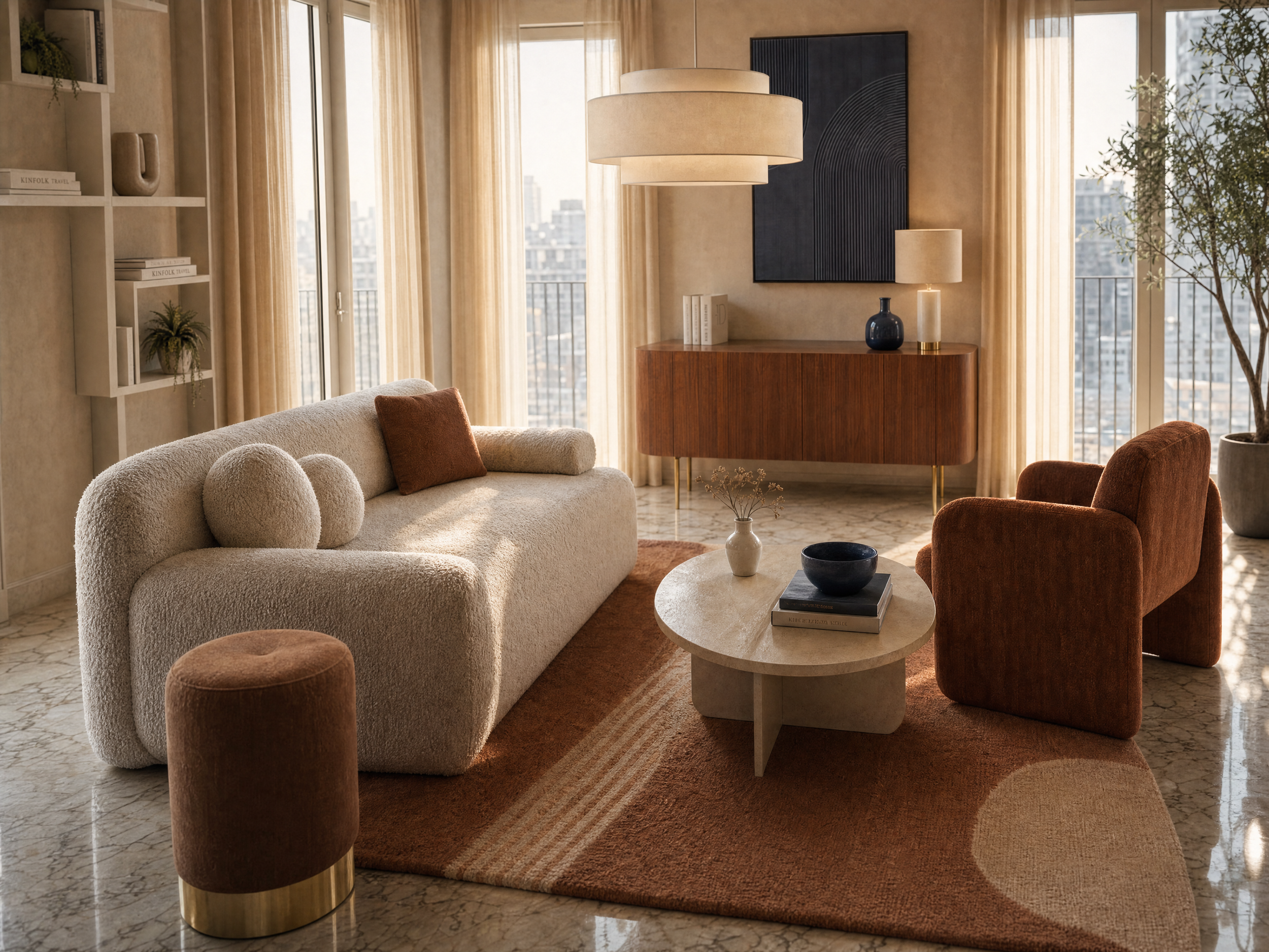 Interno di un soggiorno moderno con divano beige, tavolino tondo in pietra, lampada da tavolo e grandi finestre con tendaggi chiari, vista sui grattacieli. Arredi in stile scandinavo con dettagli in legno e toni caldi.
