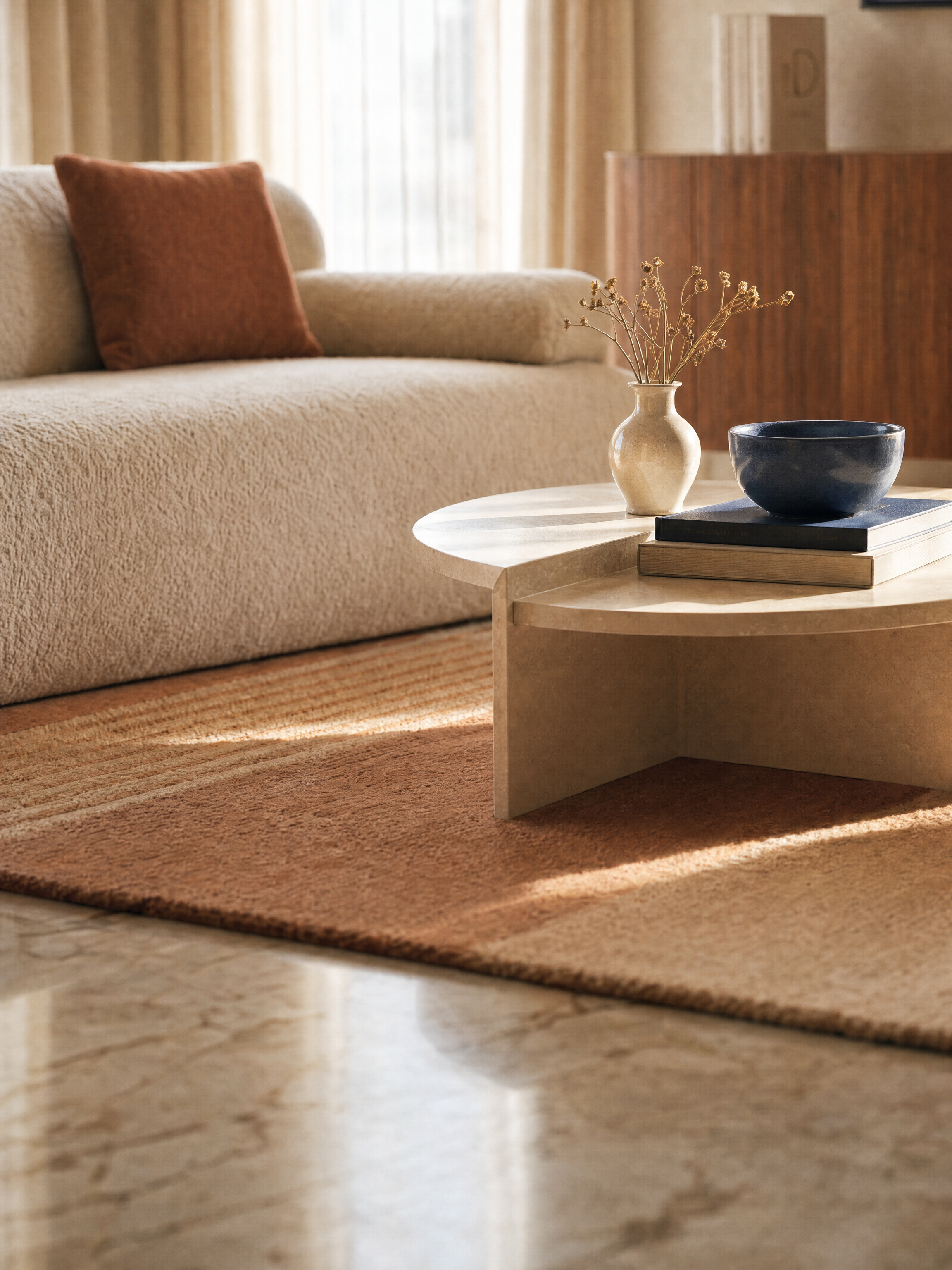 Soggiorno con divano beige, cuscino rosso, tavolino con vasi e libri, rug beige e pavimento in marmo polveroso