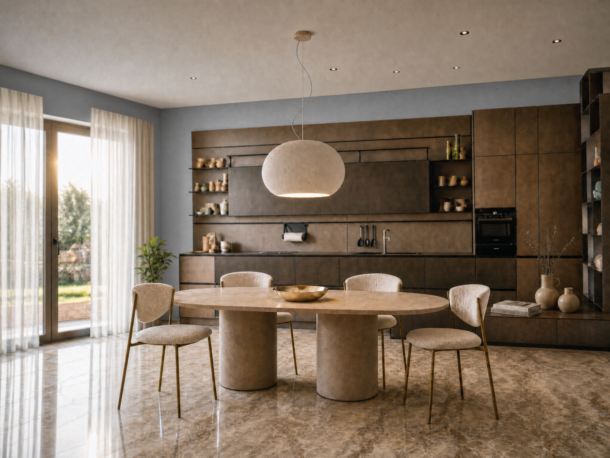 Interno elegante con tavolo rotondo di marmo, sedie imbottite e luci a soffitto, cucina moderna con armadietti di legno scuro e scaffali decorativi pieni di vasi, vicino a grandi finestre con tende trasparenti e pavimento in marmo.