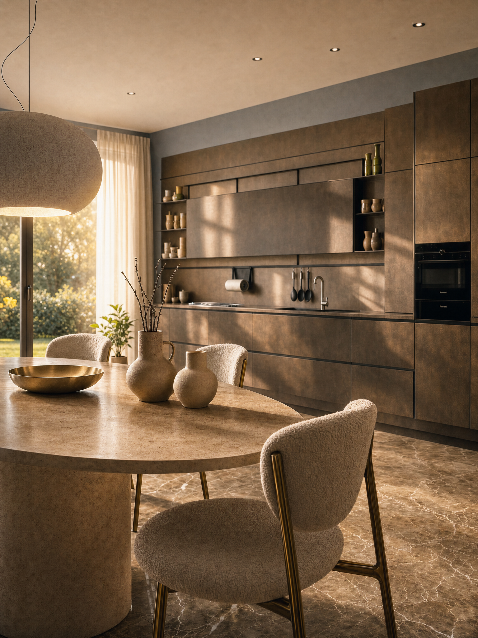 Interno di una cucina moderna con tavolo rotondo, sgabelli imbottiti, vasi decorativi, pareti rivestite in materiali caldi, illuminazione soffusa e grandi finestre con tende leggere