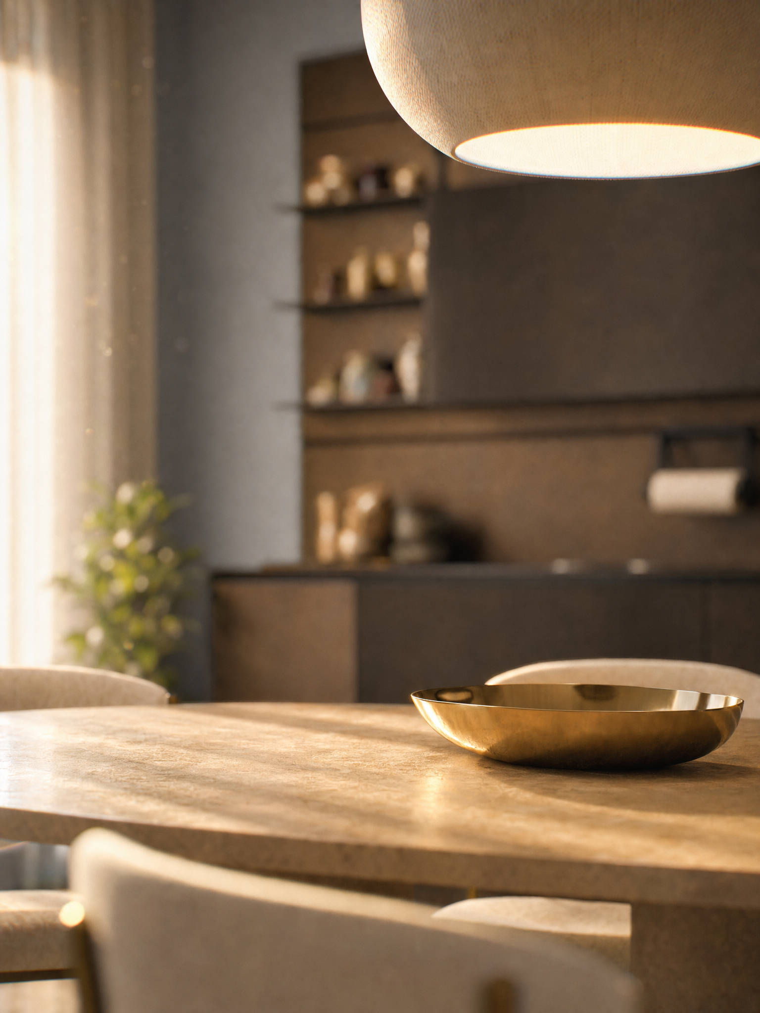 Interno di una cucina moderna, con un tavolo di legno e una ciotola dorata sul tavolo. Sullo sfondo, scaffali di legno con oggetti decorativi. Una pianta verde è visibile sulla sinistra.