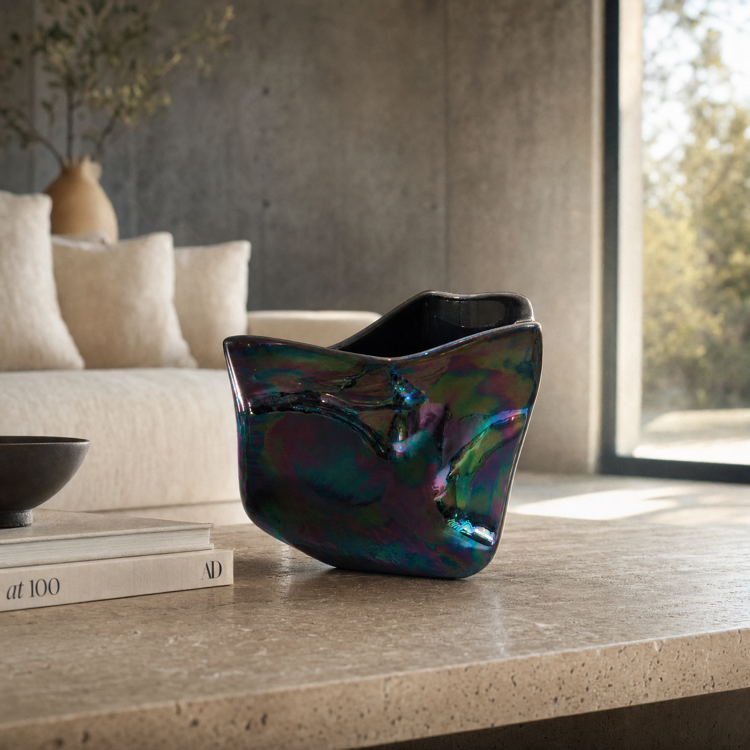 Vaso in vetro iridescente posizionato su un tavolo di legno chiaro, con una rivista e una ciotola nera accanto. In uno sfondo con divano beige e parete interessante, illuminato dalla luce naturale da una finestra.