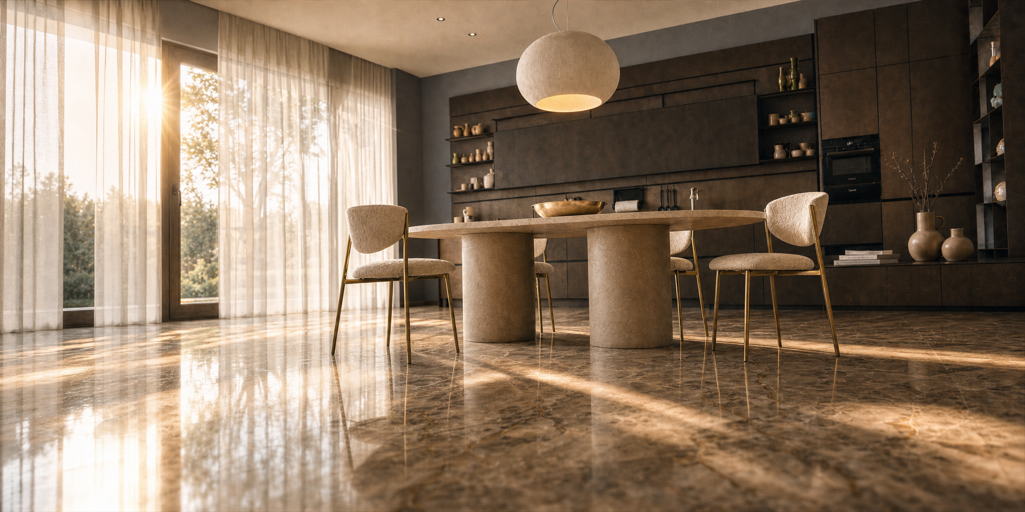 Interno di una cucina con grande finestra, tavolo rotondo in pietra con base cilindrica e quattro sedie con cuscini beige e gambe in metallo oro, pareti grigie scure, scaffali con porcellane e vasi, lampada pendente sferica, pavimento in marmo.