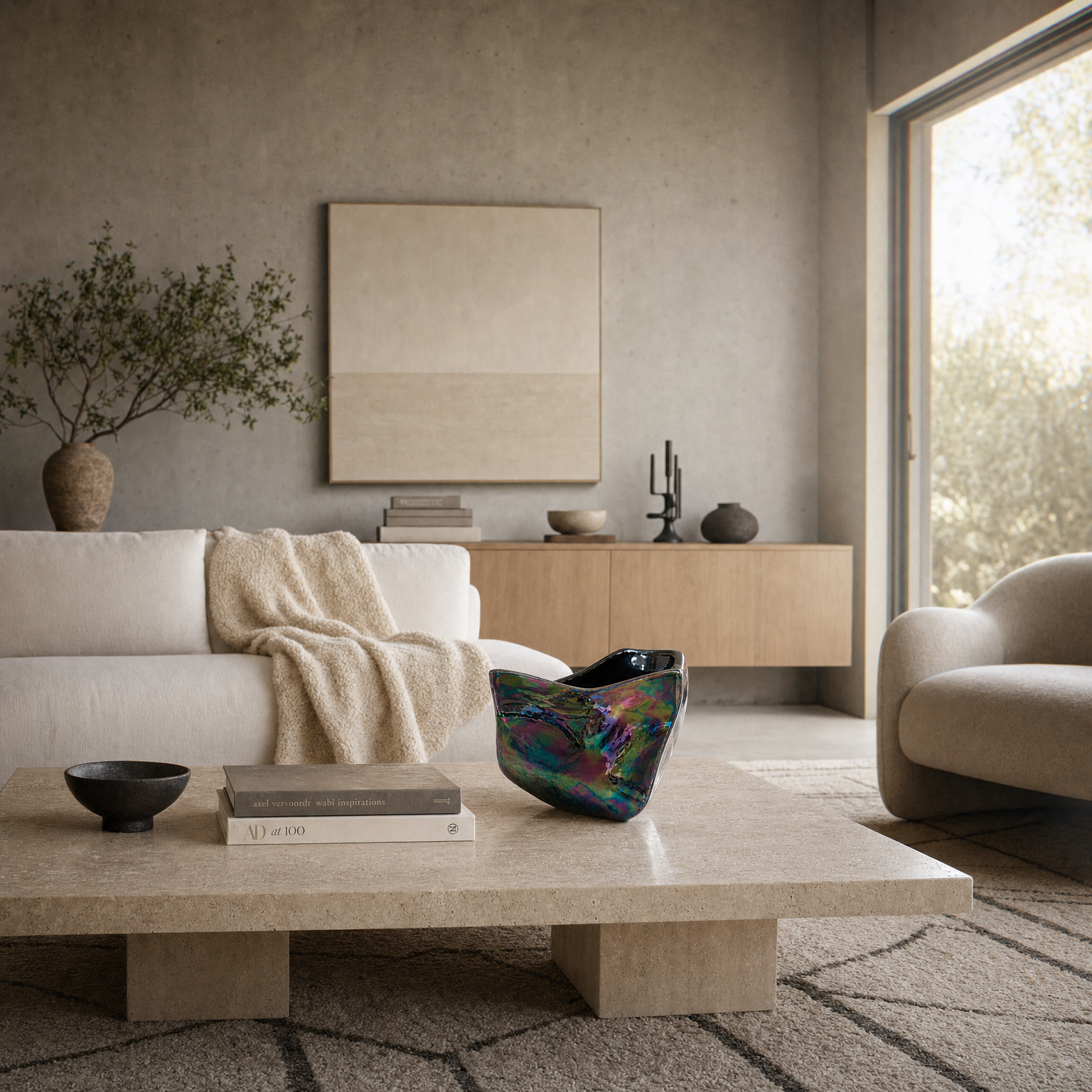 Interno di una stanza moderna con divano bianco, tavolino in pietra naturale, decorazioni minimaliste, e grande finestra che lascia entrare molta luce naturale.