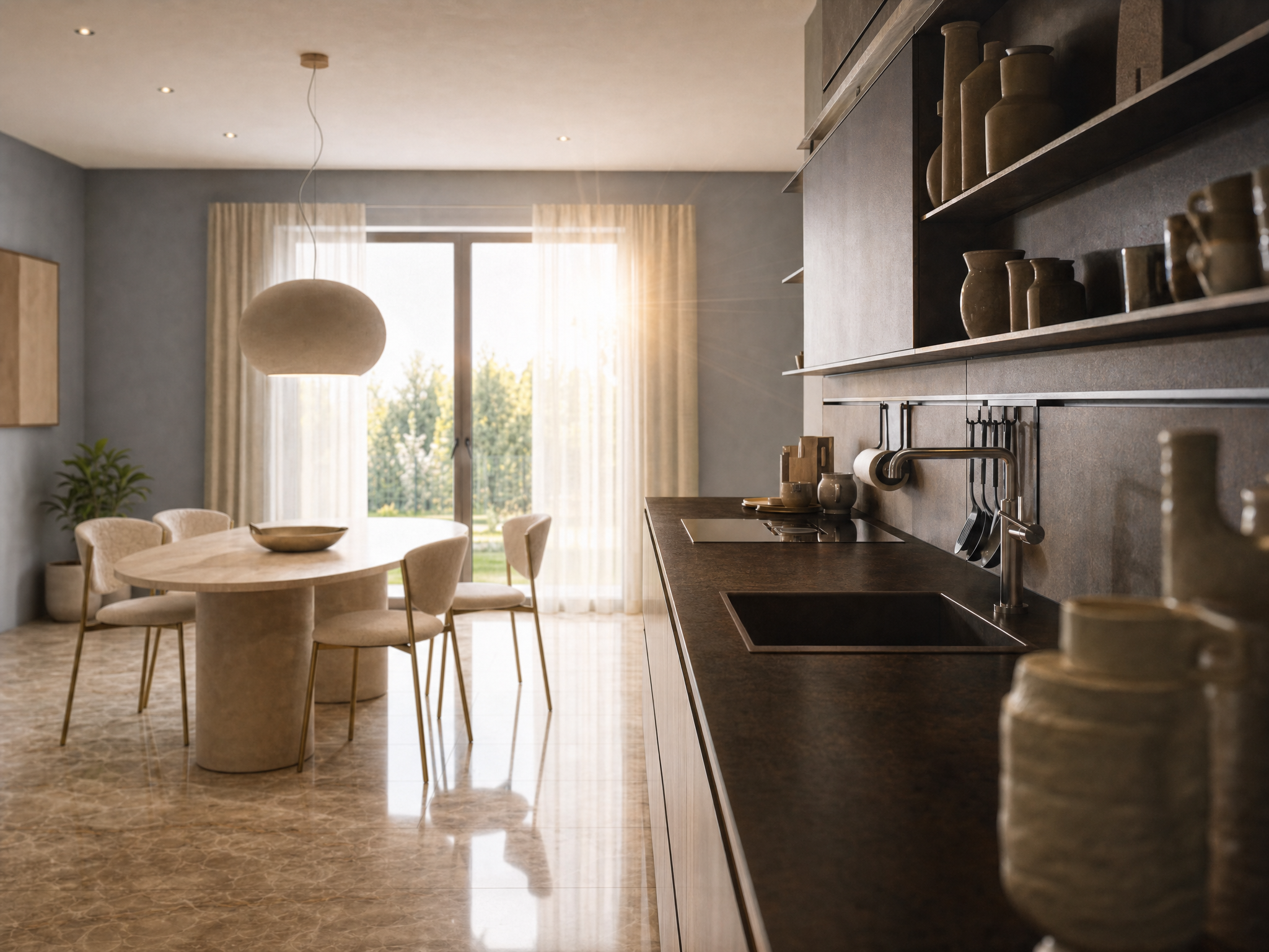 Interno di una cucina moderna con pareti grigie e un banco in granito scuro. Una zona pranzo con tavolo rotondo e sedie imbottite chiuse in tessuto chiaro. Una grande finestra permette alla luce naturale di illuminare la stanza, con tende leggere. Una lampada soffusa appesa sopra il tavolo. Si notano vari oggetti decorativi e utensili da cucina su scaffali e sul bancone.