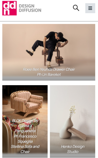 Screenshot di una pagina web di Design Diffusion con tre immagini di mobili e arredi, inclusi una sedia a scrivania Roee Ben Yehuda, una poltrona BLOK e un vaso con fiore di Henko Design Studio.