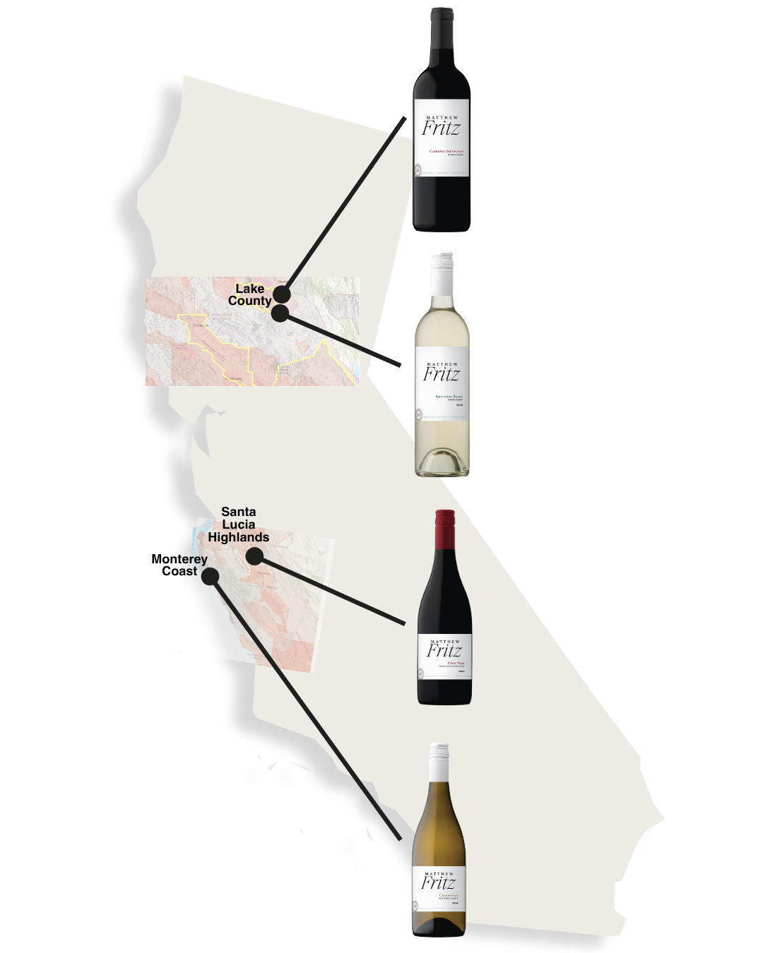 Map of California showing different wine regions and bottles of wine from Matthew Fritz Winery connecting to Lake County, Santa Lucia Highlands, and other areas.