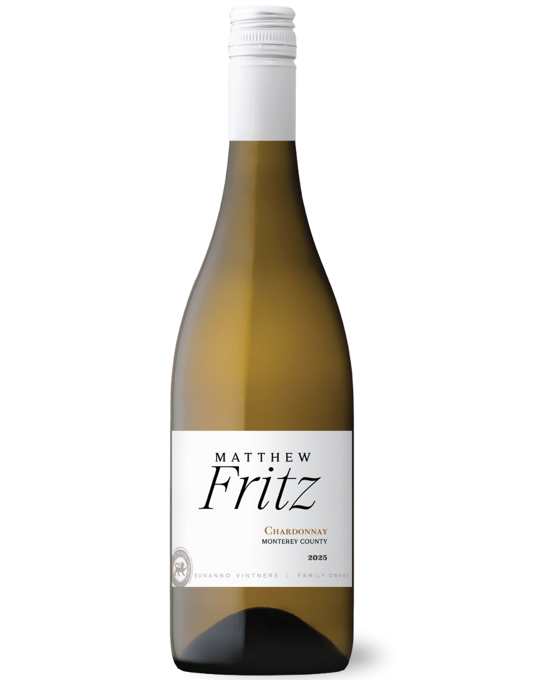 Bottle of Matthew Fritz Chardonnay wine from Monterey County, vintage 2025.
