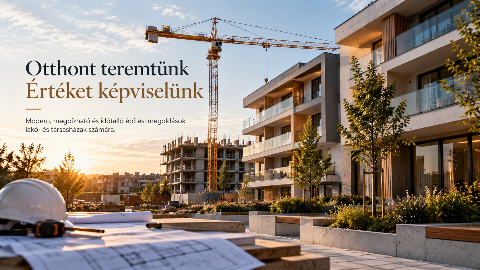 A modern construction site at sunset with a crane, partially built apartment buildings, and planted trees. Foreground shows construction plans and a white safety helmet.