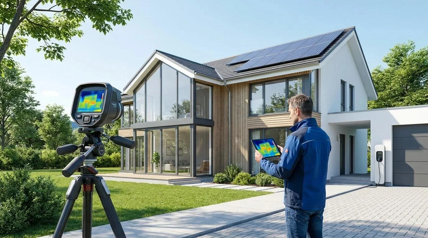 A person with a tablet standing outside a modern house with solar panels on the roof, a thermal imaging camera on a tripod, and an electric vehicle charging station.