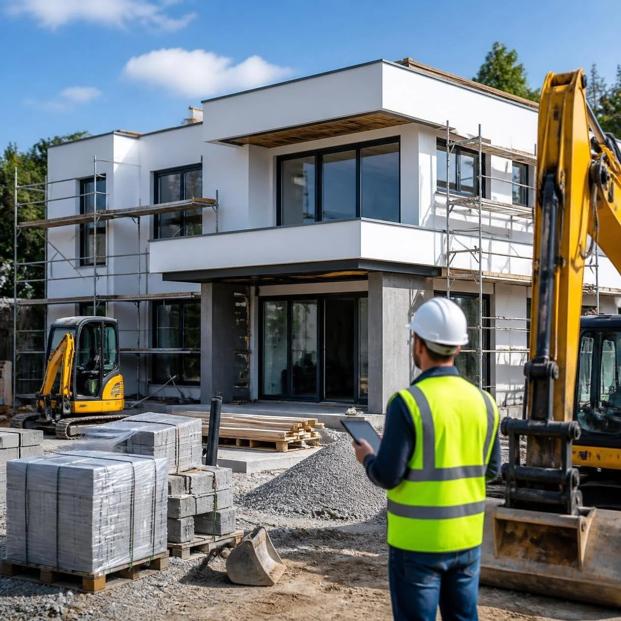 Construction site with a modern white building under construction, scaffolding on the sides, construction equipment, and a worker wearing a hard hat and high-visibility vest looking at a tablet.