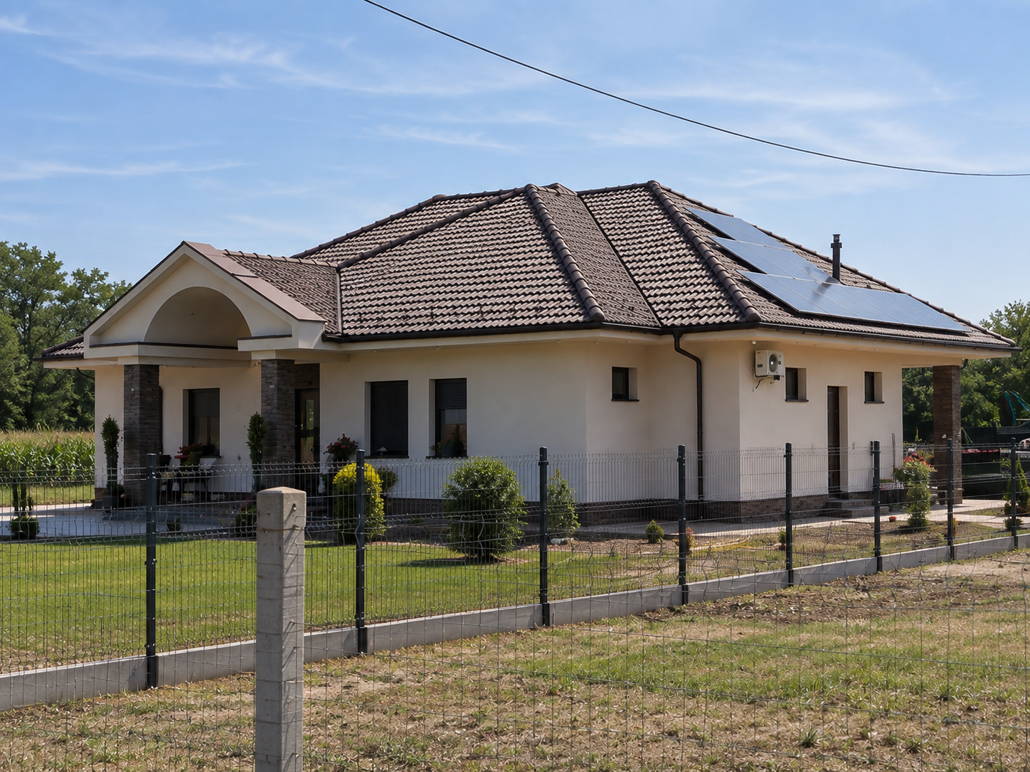 A modern house with a tiled roof and solar panels, surrounded by a garden and enclosed by a metal fence, on a sunny day.