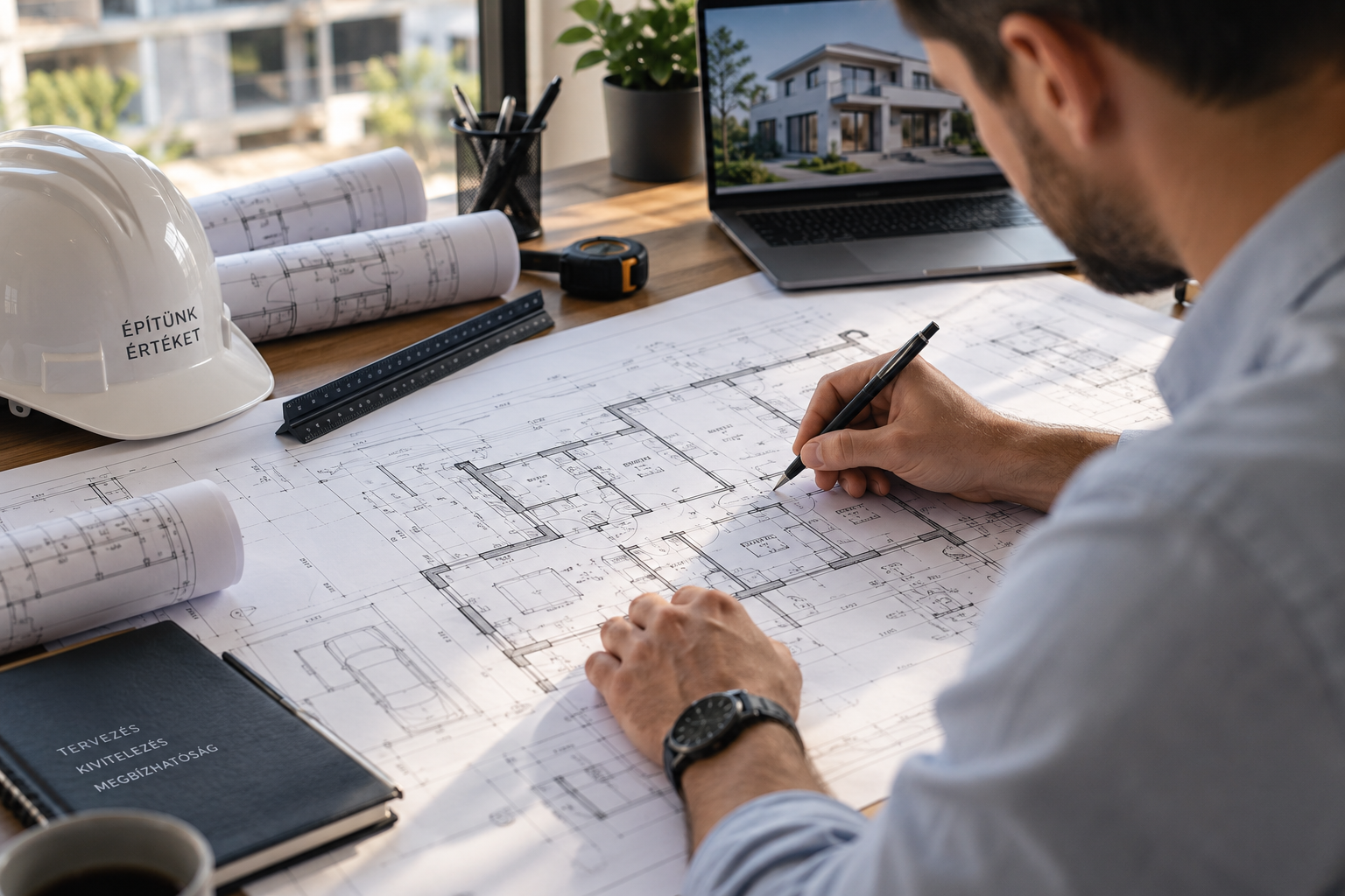 Architect working on building blueprints at a desk with rolls of drawings, a digital plan of a house on a laptop, a helmet labeled in Hungarian, and various tools.