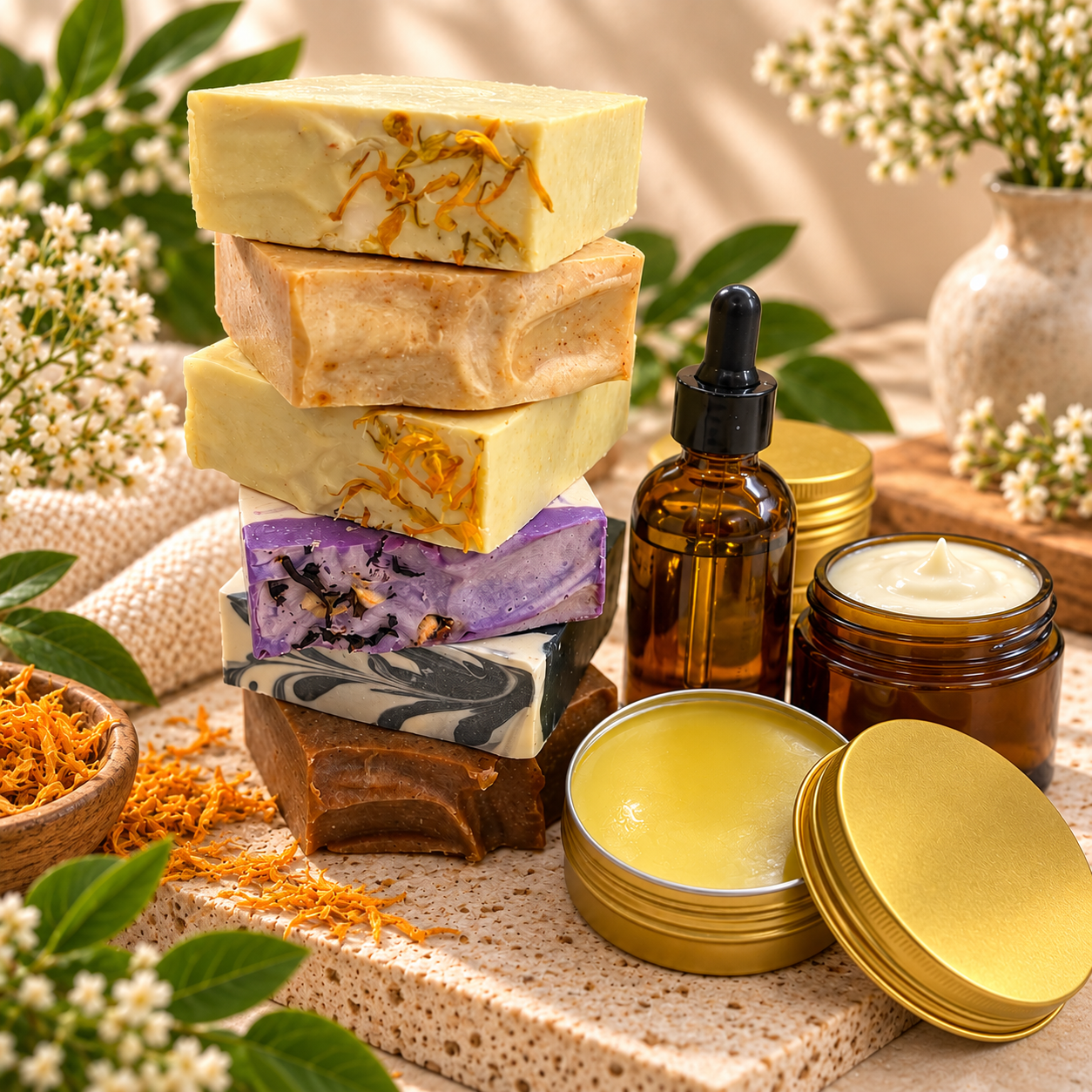 A stack of five artisanal handmade soap bars with various colors and textures, surrounded by natural ingredients, jars of cream, a dropper bottle, and decorative flowers and leaves on a textured surface and wooden background.