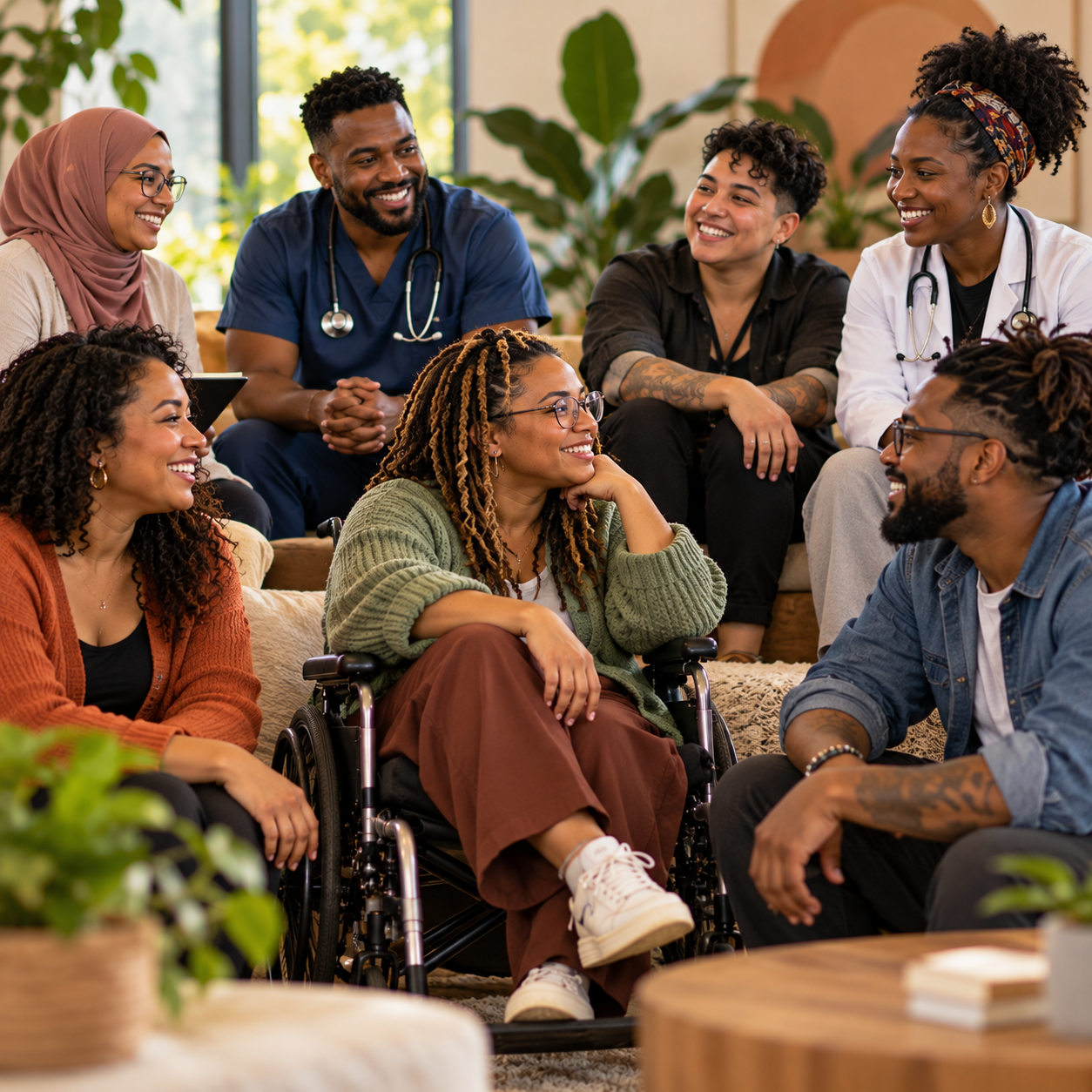 Diverse group of adults sharing conversation and connection in a welcoming setting, including a Black woman using a wheelchair and people from varied cultural backgrounds. The scene reflects community, inclusion, and emotional well-being.