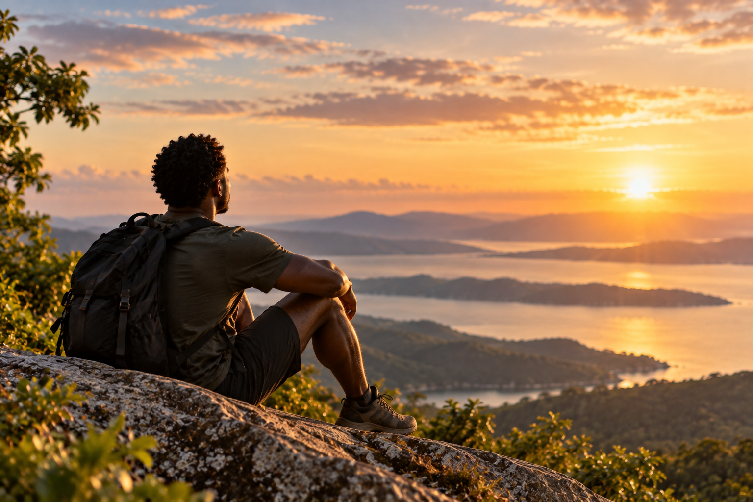 Black man sitting peacefully on a mountaintop overlooking the water at sunset, symbolizing inner peace, personal growth, and harmony between mind, body, and spirit.