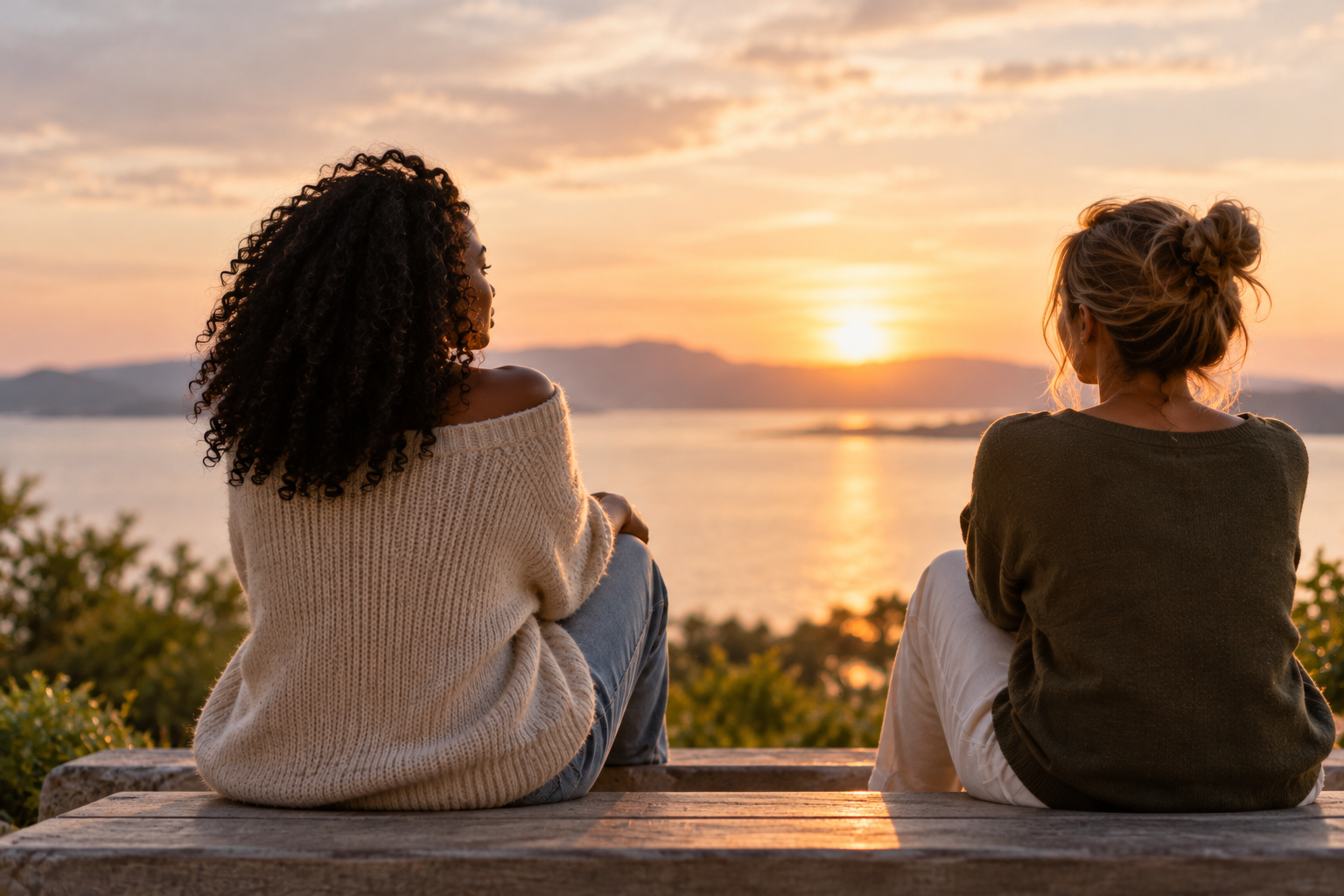 Two women, one Black and one White, sitting peacefully by the water at sunset, symbolizing healthy relationships, emotional connection, personal boundaries, and healing.