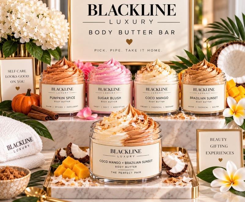 A display of body butter jars and decorations with a sign reading 'BLACKLINE LUXURY BODY BUTTER BAR' and labels showing scents like Pumpkin Spice, Sugar Blush, Coco Mango, and Brazilian Sunset.