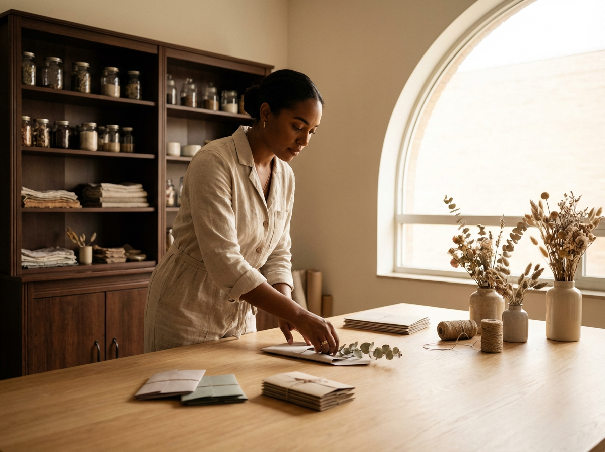 A woman arranging dried flowers on a table in a well-lit room with wooden shelves filled with jars and folded towels.