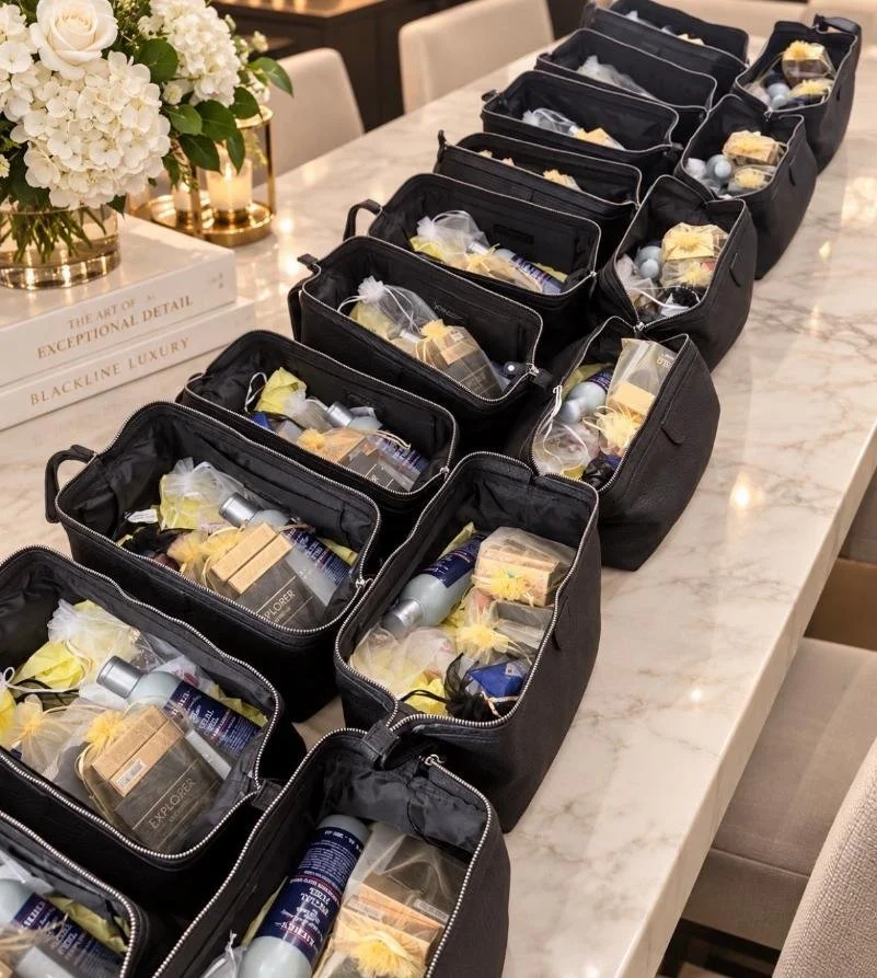 Multiple black travel toiletry bags filled with toiletries and personal care items on a marble table.