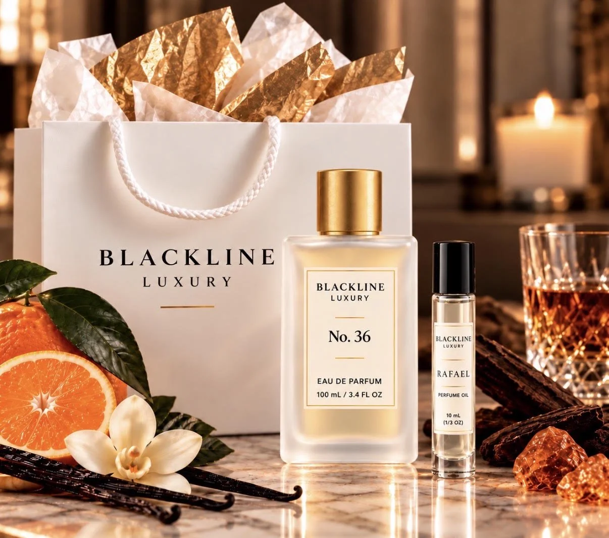 Luxury perfume bottles, a gift bag, and decorative items including orange slices, vanilla pods, and ceramic beads on a marble surface with candles in the background.