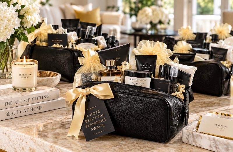Gift baskets with Blackline Luxury skincare products, black bags with gold ribbons, candles, and books on a marble countertop.