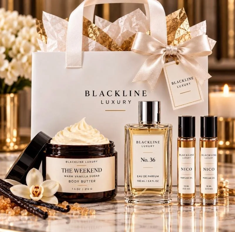 Luxury Blackline skincare gift set with body butter, perfume bottles, and decorative flowers and ribbons.