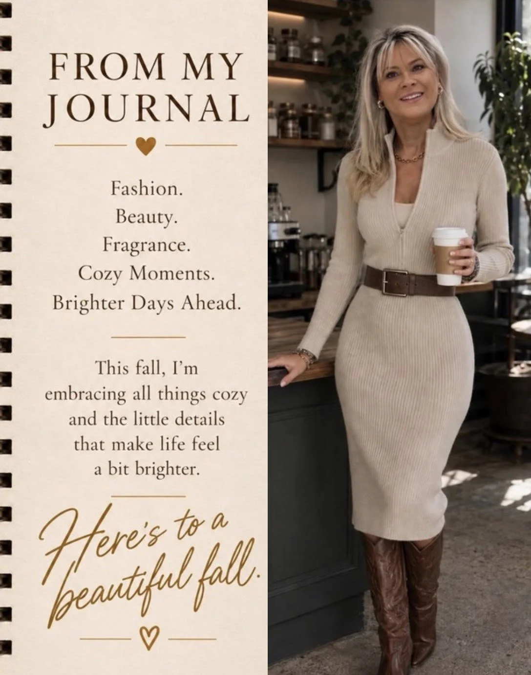 A woman with blonde hair in a beige ribbed sweater dress, brown belt, and brown boots holding a coffee cup inside a cozy coffee shop, next to an autumn-themed journal page with fall sentiments.