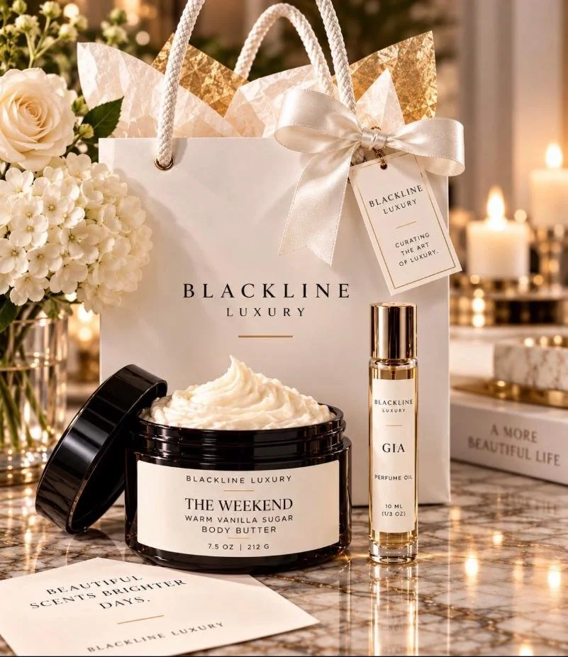 Luxury gift set with body butter, perfume oil, and gift bag, decorated with flowers and candles.