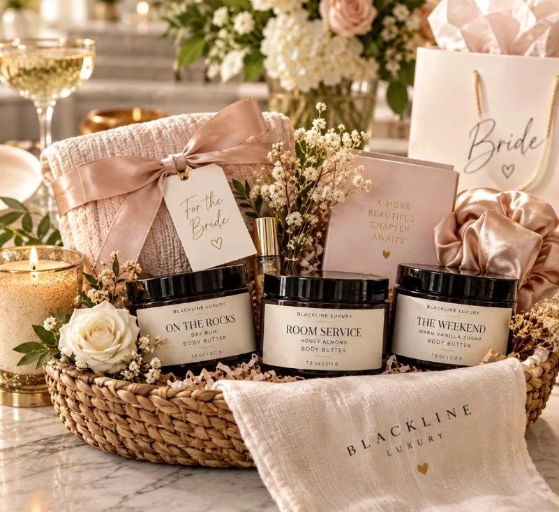 A gift basket with bath and body products, flowers, candles, and cards, with a