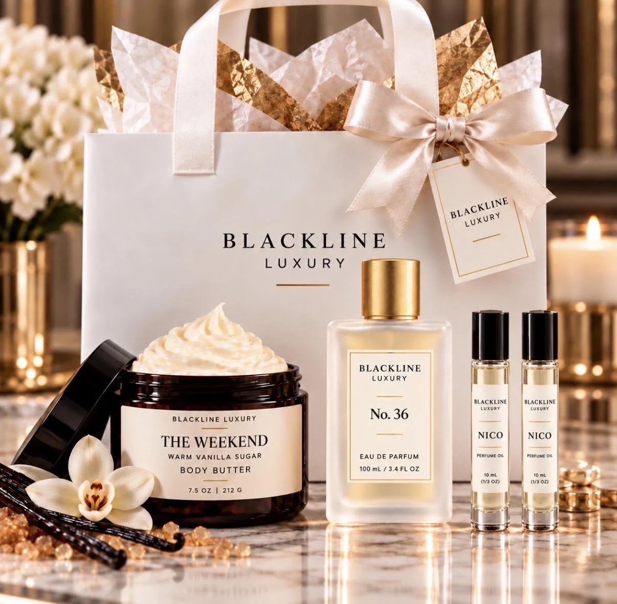 Luxury Blackline gift set with body butter, parfum, and perfume oils on a marble surface, with flowers and candle in the background.