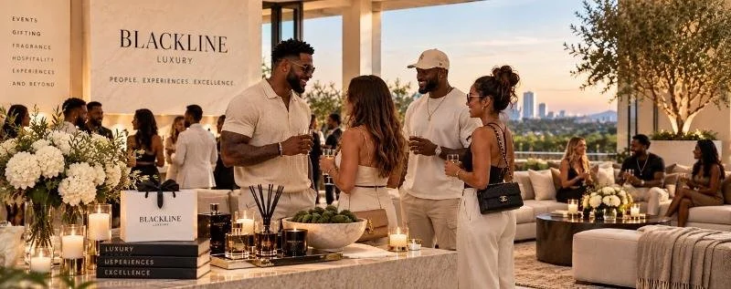 A social gathering at a Blackline Luxury event with people standing and chatting inside a modern, open-air space with city skyline views, decorated with flowers, candles, and event signage.