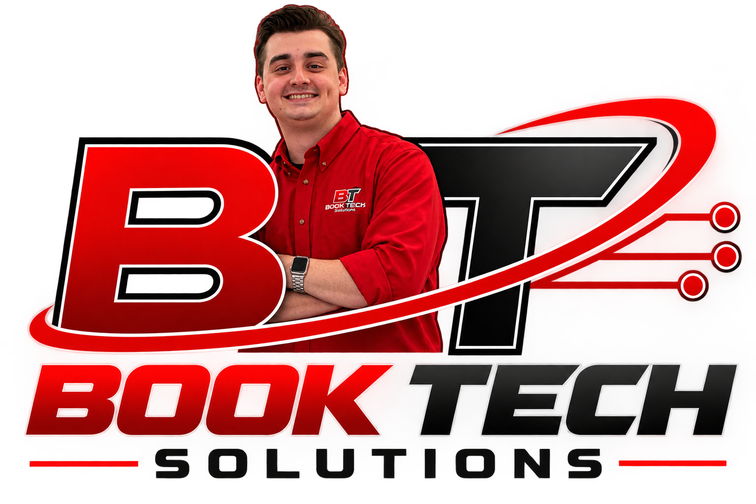 A smiling man in a red shirt with the logo 'Book Tech Solutions' stands in front of a large graphic with the words 'B T Book Tech Solutions' and a swooping red line with three dots.