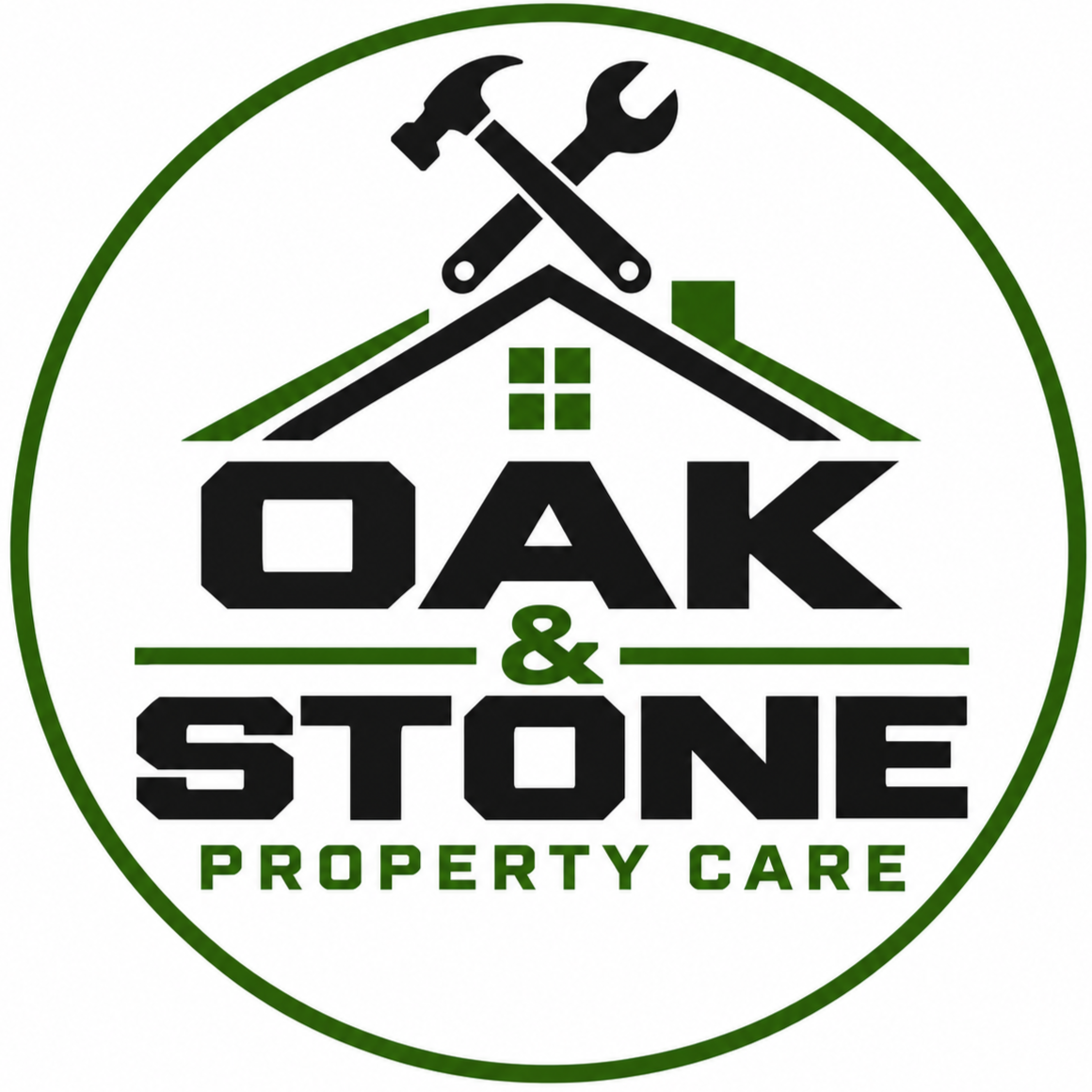 Logo for Oak & Stone Property Care with a house roof, a hammer, and a wrench with the company name and a green and black color scheme.